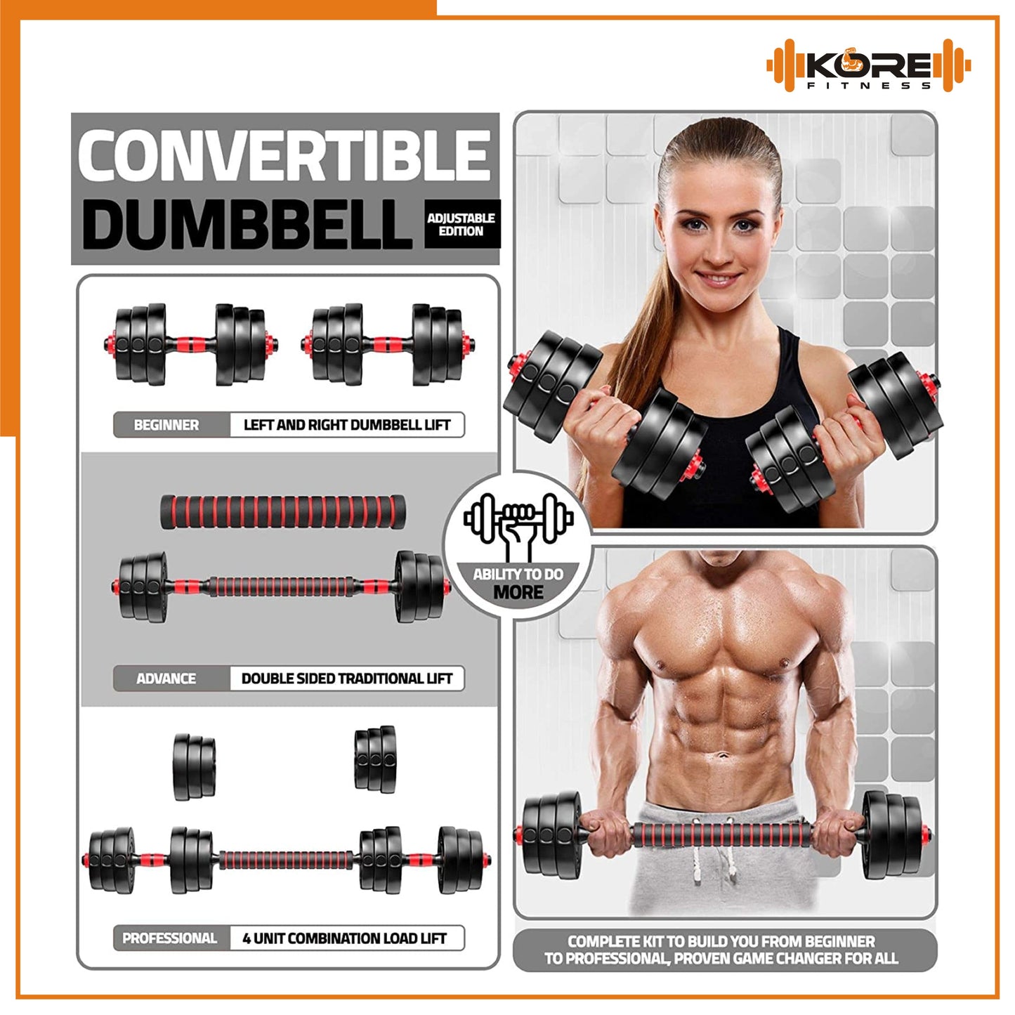 Kore PVC DM 4-40 Kg 3 IN 1 Convertible Dumbbells Set and Fitness Kit for Men and Women Whole Body Workout (PVC-DM-COMBO16-CON)