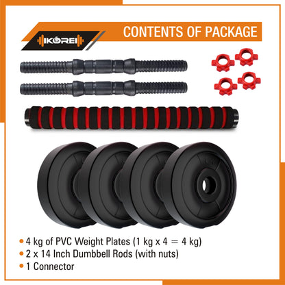 Kore PVC DM 4-40 Kg 3 IN 1 Convertible Dumbbells Set and Fitness Kit for Men and Women Whole Body Workout (PVC-DM-COMBO16-CON)
