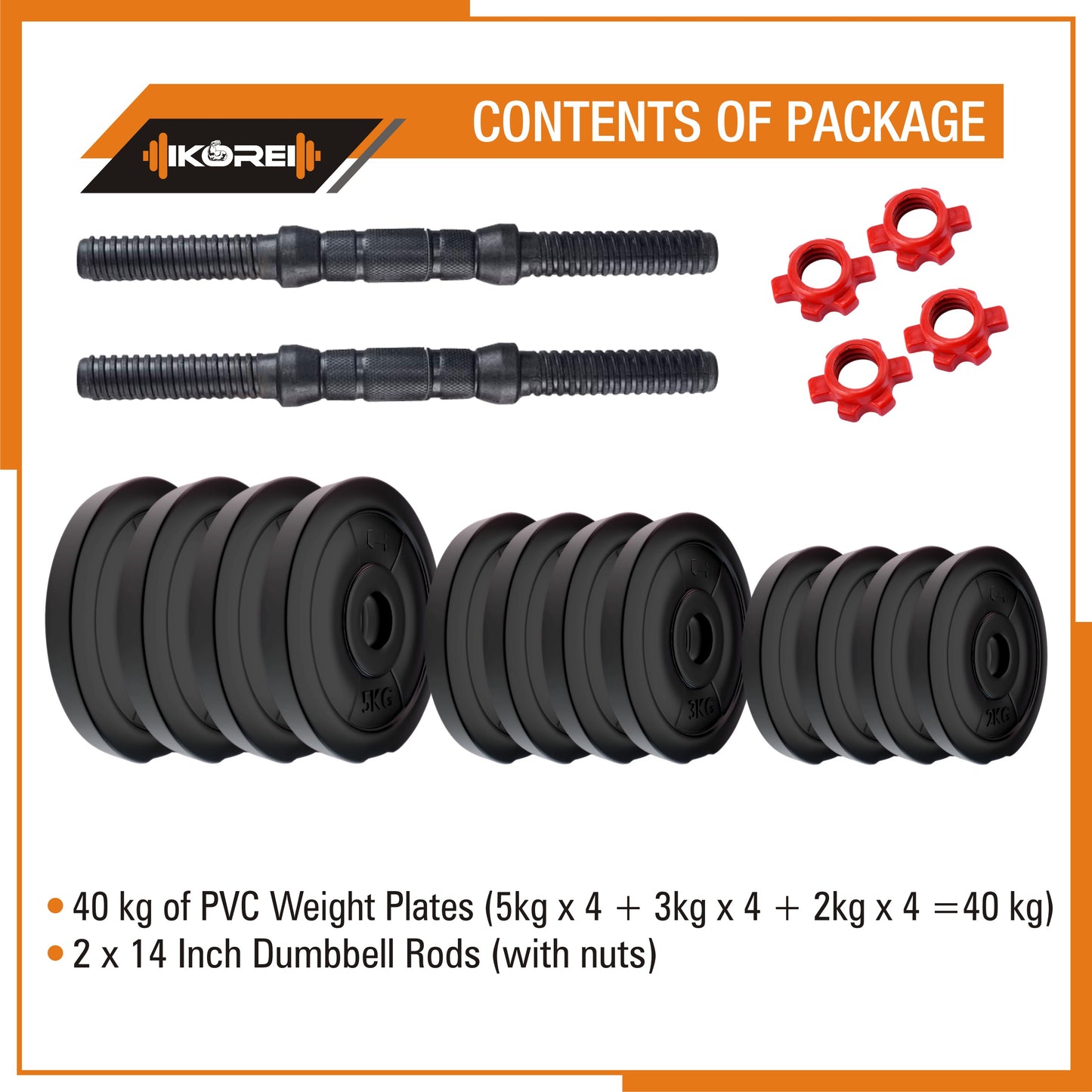 Kore PVC DM 4-40 Kg Dumbbells Set and Fitness Kit for Men and Women Whole Body Workout(PVC-DM-COMBO16)