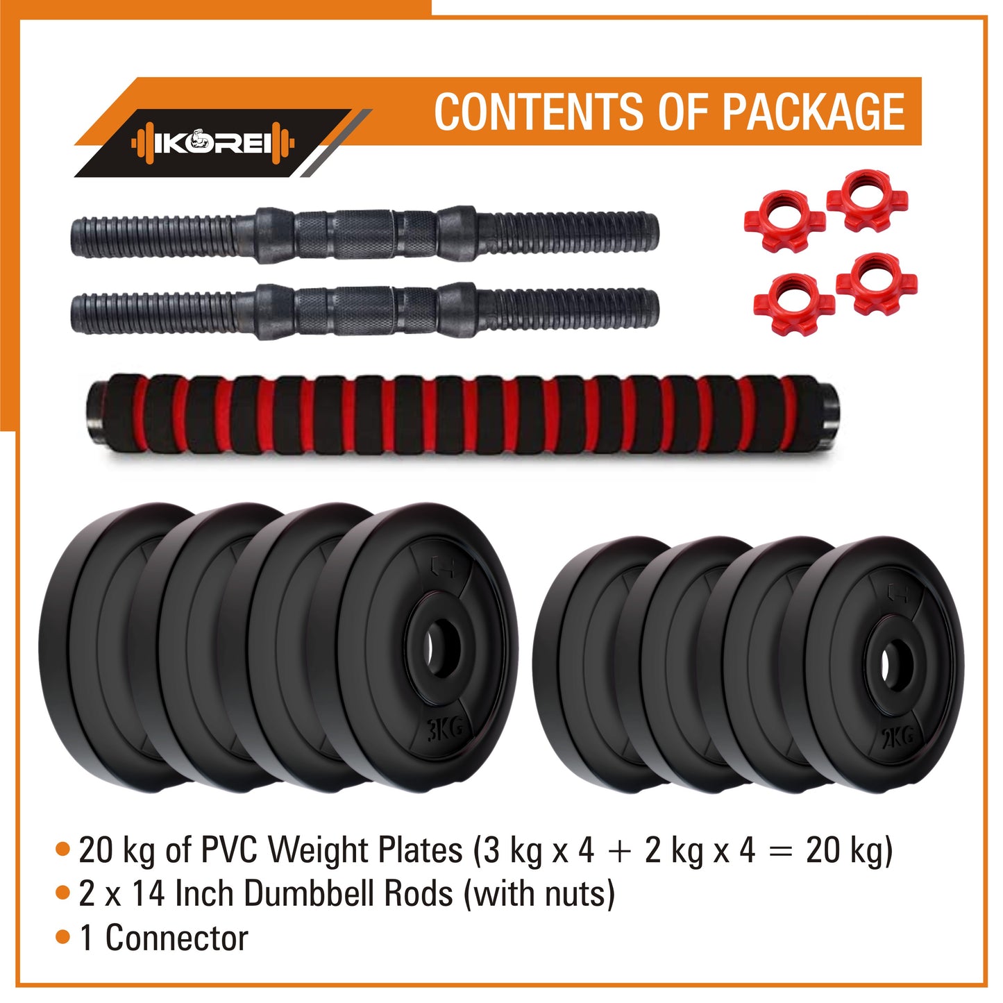 Kore PVC DM 4-40 Kg 3 IN 1 Convertible Dumbbells Set and Fitness Kit for Men and Women Whole Body Workout (PVC-DM-COMBO16-CON)