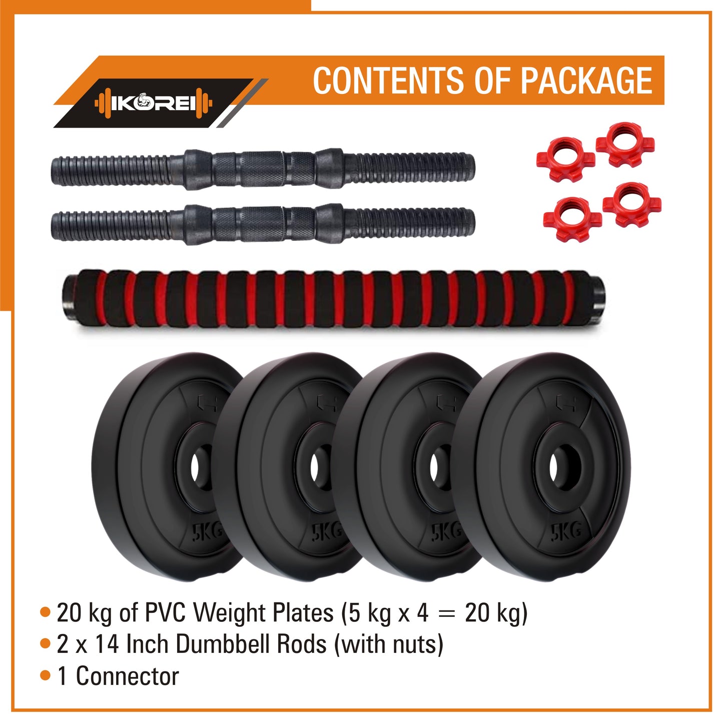 Kore PVC DM 4-40 Kg 3 IN 1 Convertible Dumbbells Set and Fitness Kit for Men and Women Whole Body Workout (PVC-DM-COMBO16-CON)