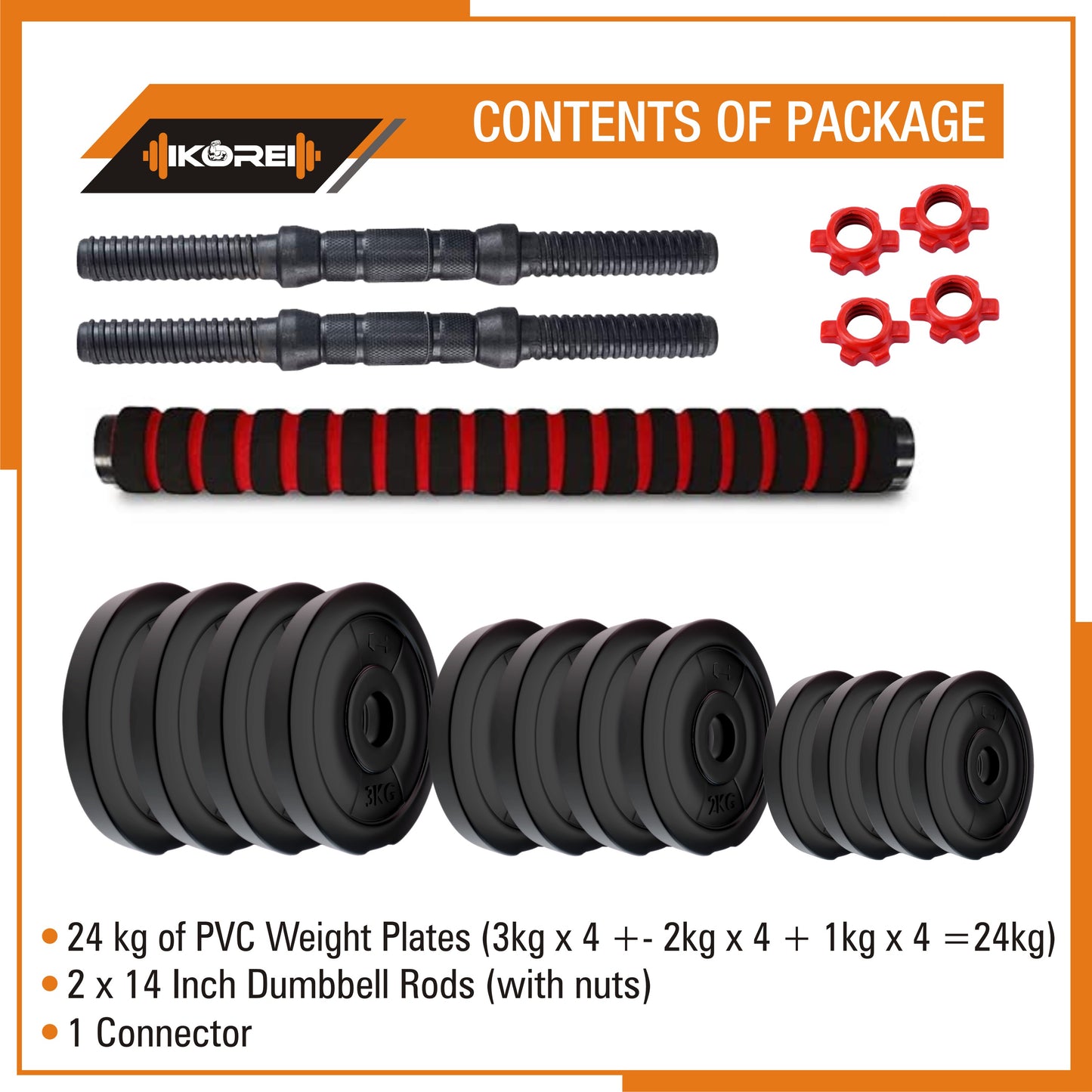 Kore PVC DM 4-40 Kg 3 IN 1 Convertible Dumbbells Set and Fitness Kit for Men and Women Whole Body Workout (PVC-DM-COMBO16-CON)