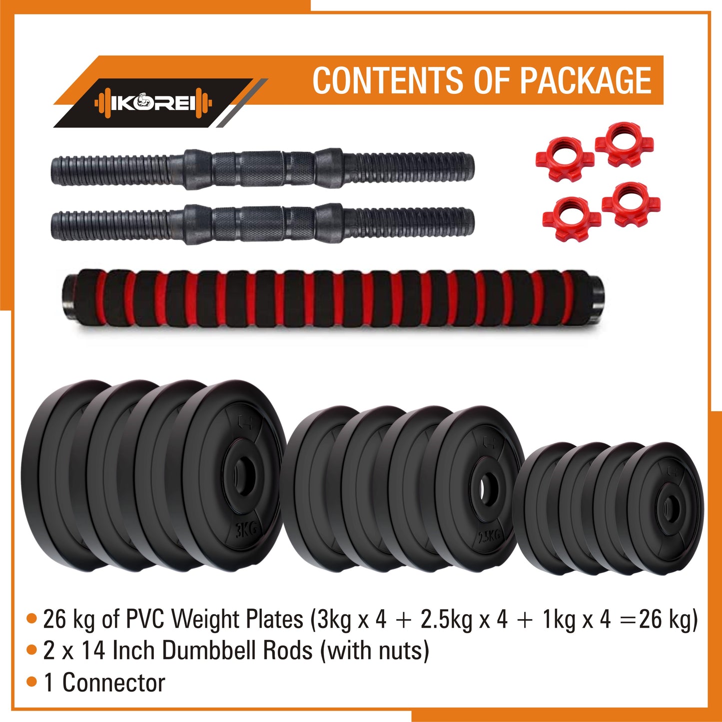 Kore PVC DM 4-40 Kg 3 IN 1 Convertible Dumbbells Set and Fitness Kit for Men and Women Whole Body Workout (PVC-DM-COMBO16-CON)