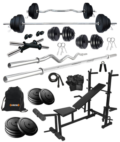 Kore 20-100 kg Home Gym Set with One 3 Ft Curl + 5 Ft Plain Rod and One  Pair Dumbbell Rods with 8 In 1 Multipurpose Bench and Gym Accessories