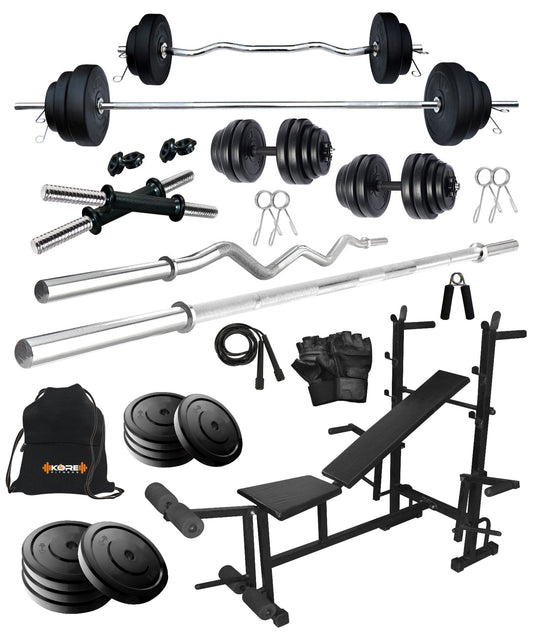 Kore 20-100 kg Home Gym Set with One 3 Ft Curl + 5 Ft Plain Rod and One Pair Dumbbell Rods with 8 In 1 Multipurpose Bench and Gym Accessories (COMBO35)