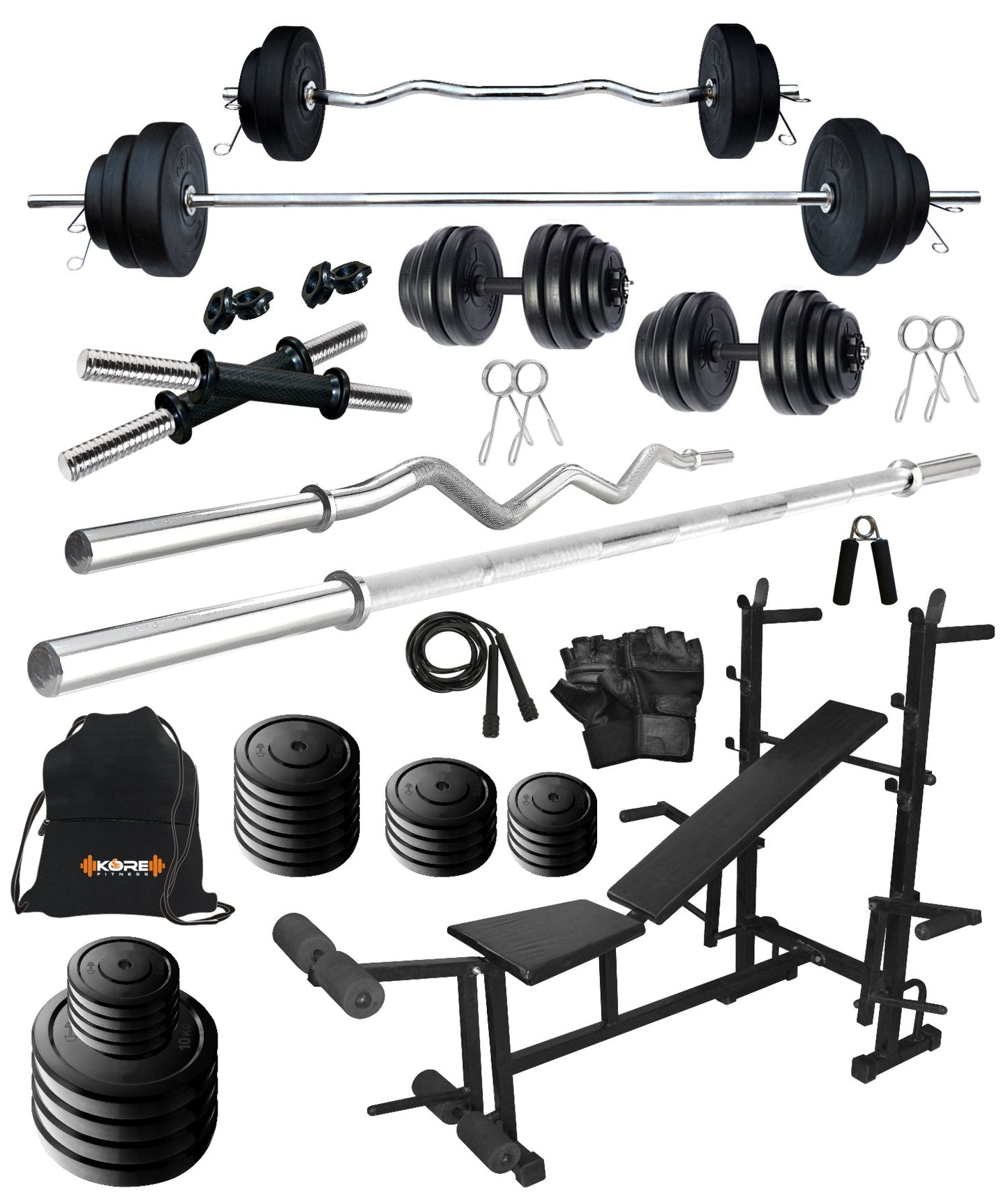 Kore 20-100 kg Home Gym Set with One 3 Ft Curl + 5 Ft Plain Rod and One Pair Dumbbell Rods with 8 In 1 Multipurpose Bench and Gym Accessories (COMBO35)