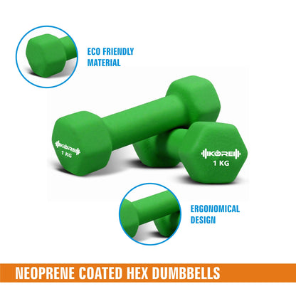 Kore Professional Neoprene 1-10 Kg (Set of Two) Dumbbells Home Gym Exercise Equipment for Men & Women (DM-NEOPRENE-COMBO16)