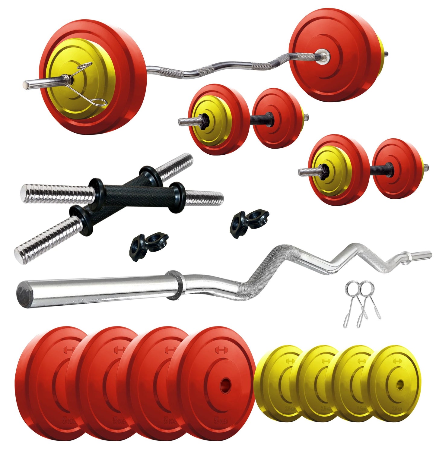 Kore Premium 10-50 kg Coloured Solid Rubber Fitness Kit with One 3 Ft Curl and One Pair Dumbbell Rods (CP-COMBO3-WB-WA)