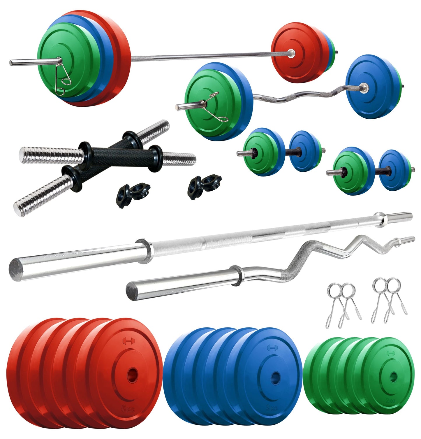 Kore Premium 10-50 kg Coloured Solid Rubber Fitness Kit with One 3 Ft Curl + One 5 Ft Plain and One Pair Dumbbell Rods (CP-COMBO2-WB-WA)
