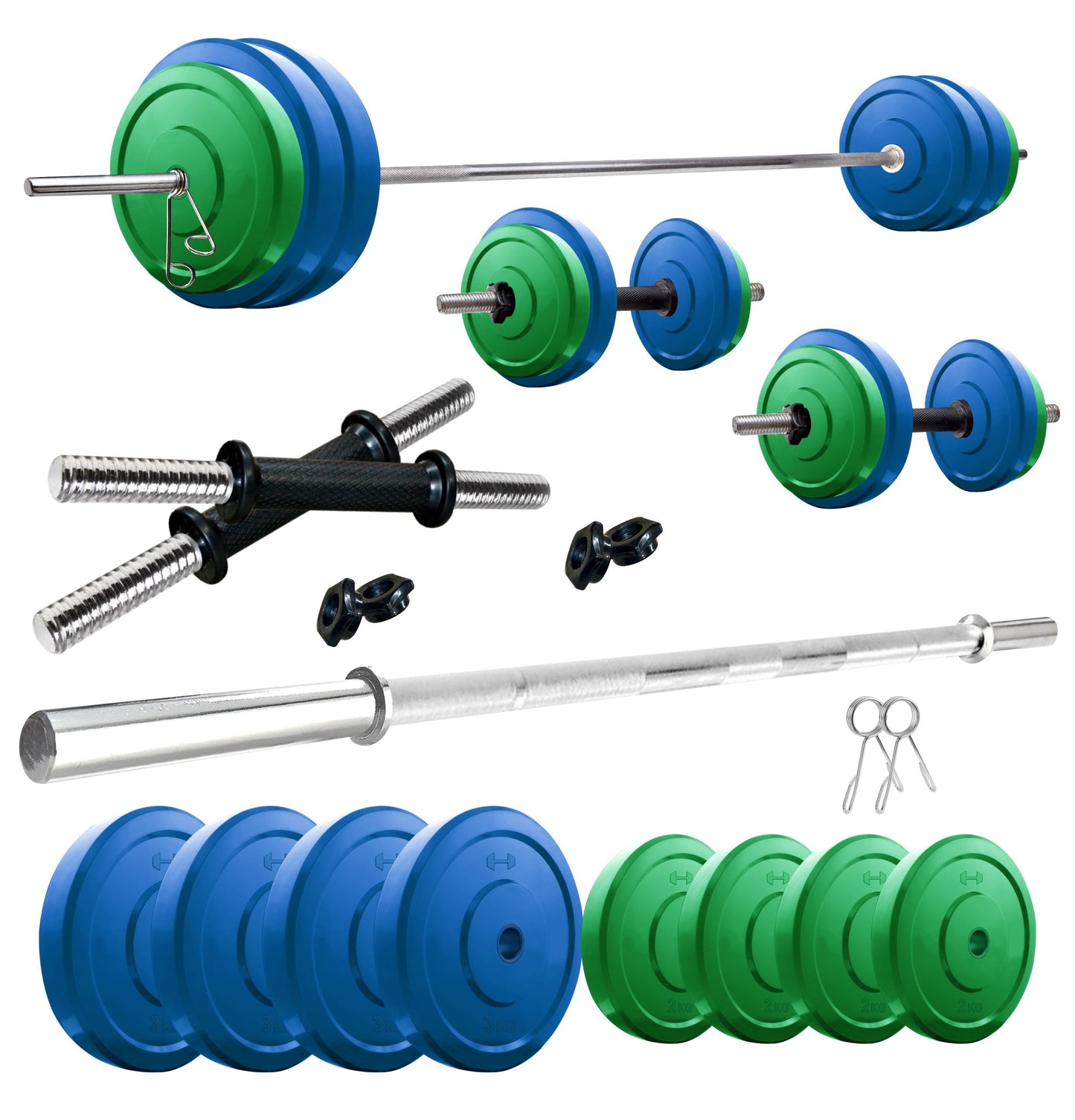 Kore Premium 10-50 kg Coloured Solid Rubber Fitness Kit with One 4 Ft Plain and One Pair Dumbbell Rods (CP-COMBO9-WB-WA)