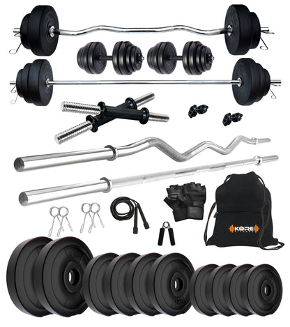 Kore PVC 10-50 kg Home Gym Set with One 3 Ft Curl + 3 Ft Plain Rod and One Pair Dumbbell Rods with Gym Accessories (PVC-COMBO343)
