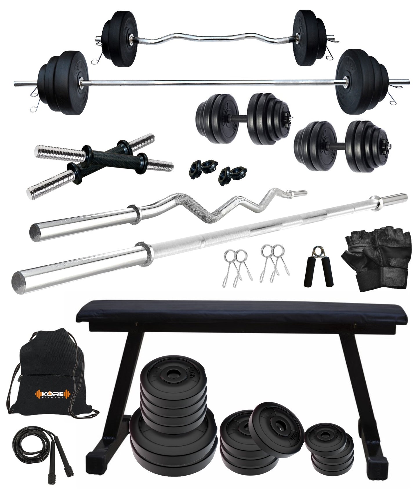 Kore PVC 20-100 kg Home Gym Set with One 3 Ft Curl + 5 Ft Plain Rod and One Pair Dumbbell Rods with Flat Bench and Gym Accessories (PVC-COMBO7)
