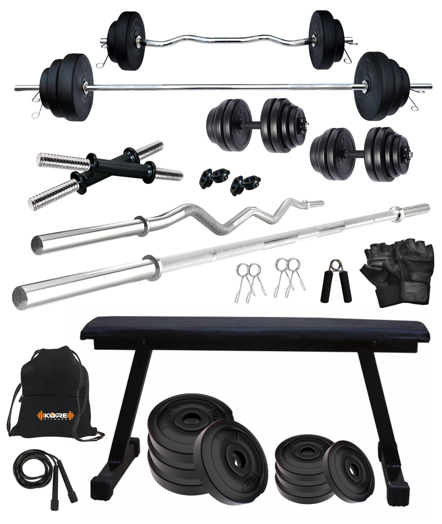 Kore PVC 20-100 kg Home Gym Set with One 3 Ft Curl + 5 Ft Plain Rod and One Pair Dumbbell Rods with Flat Bench and Gym Accessories (PVC-COMBO7)
