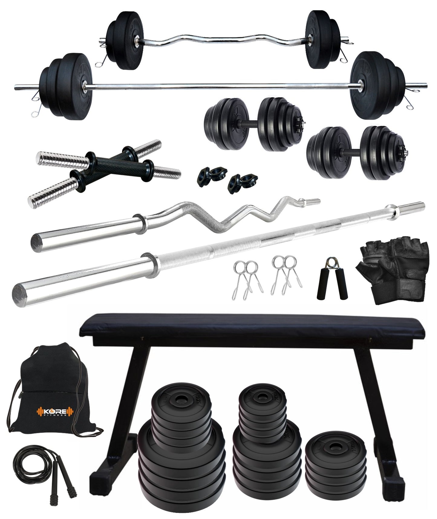 Kore PVC 20-100 kg Home Gym Set with One 3 Ft Curl + 5 Ft Plain Rod and One Pair Dumbbell Rods with Flat Bench and Gym Accessories (PVC-COMBO7)