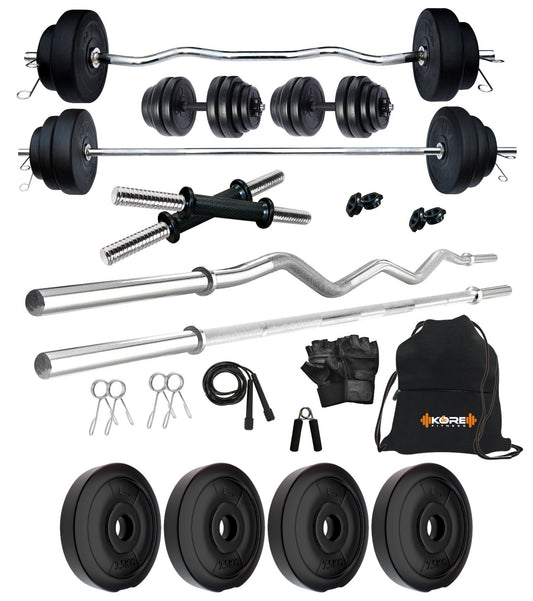 Kore PVC 10-50 kg Home Gym Set with One 3 Ft Curl + 3 Ft Plain Rod and One Pair Dumbbell Rods with Gym Accessories (PVC-COMBO343)