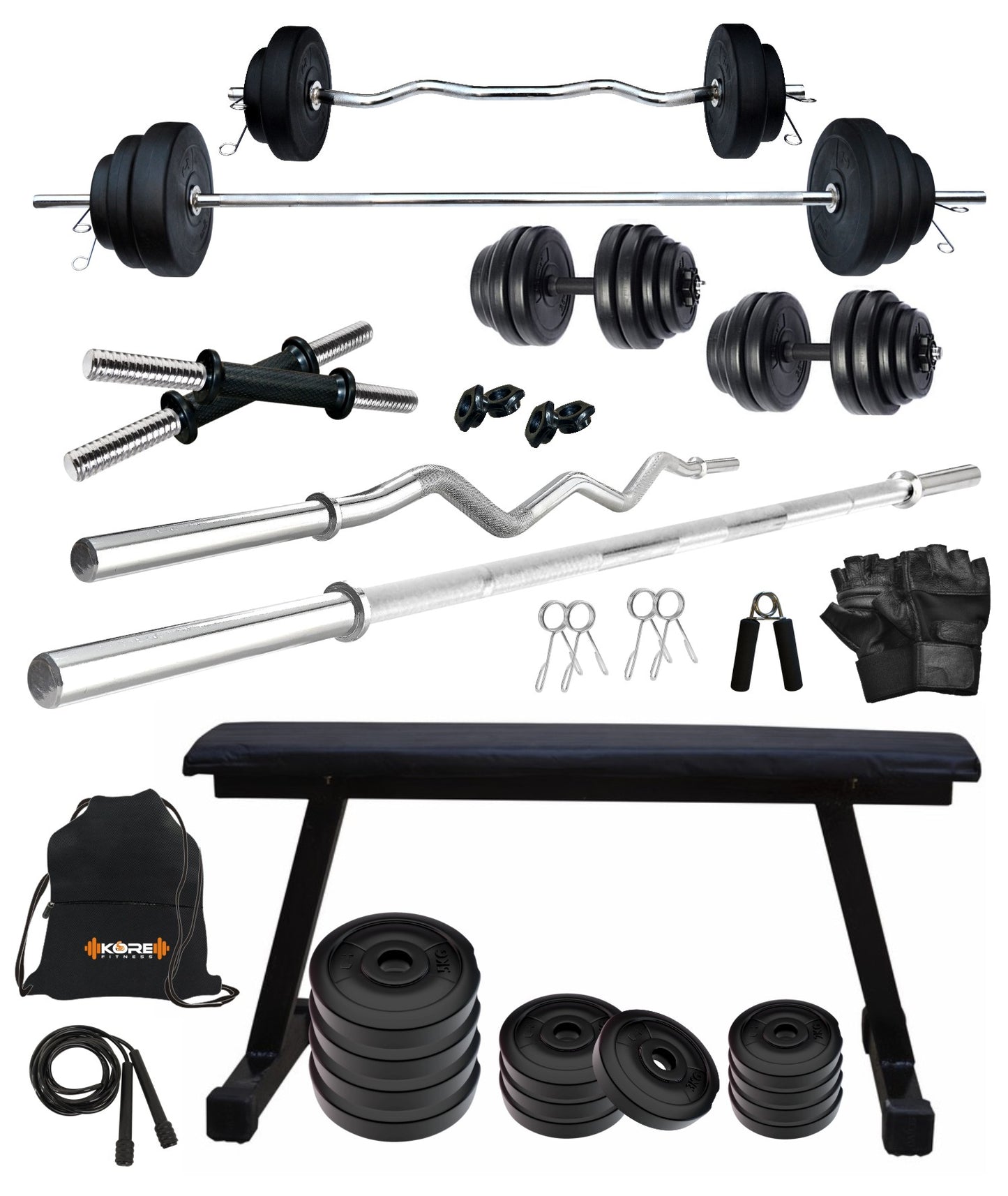 Kore PVC 20-100 kg Home Gym Set with One 3 Ft Curl + 5 Ft Plain Rod and One Pair Dumbbell Rods with Flat Bench and Gym Accessories (PVC-COMBO7)