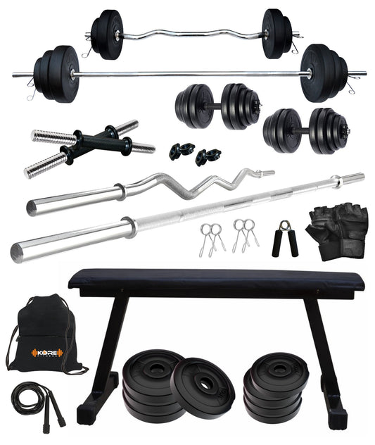 Kore PVC 20-100 kg Home Gym Set with One 3 Ft Curl + 5 Ft Plain Rod and One Pair Dumbbell Rods with Flat Bench and Gym Accessories (PVC-COMBO7)
