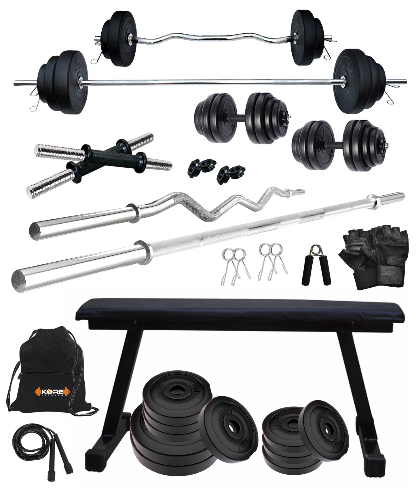Kore PVC 20-100 kg Home Gym Set with One 3 Ft Curl + 5 Ft Plain Rod and One Pair Dumbbell Rods with Flat Bench and Gym Accessories (PVC-COMBO7)