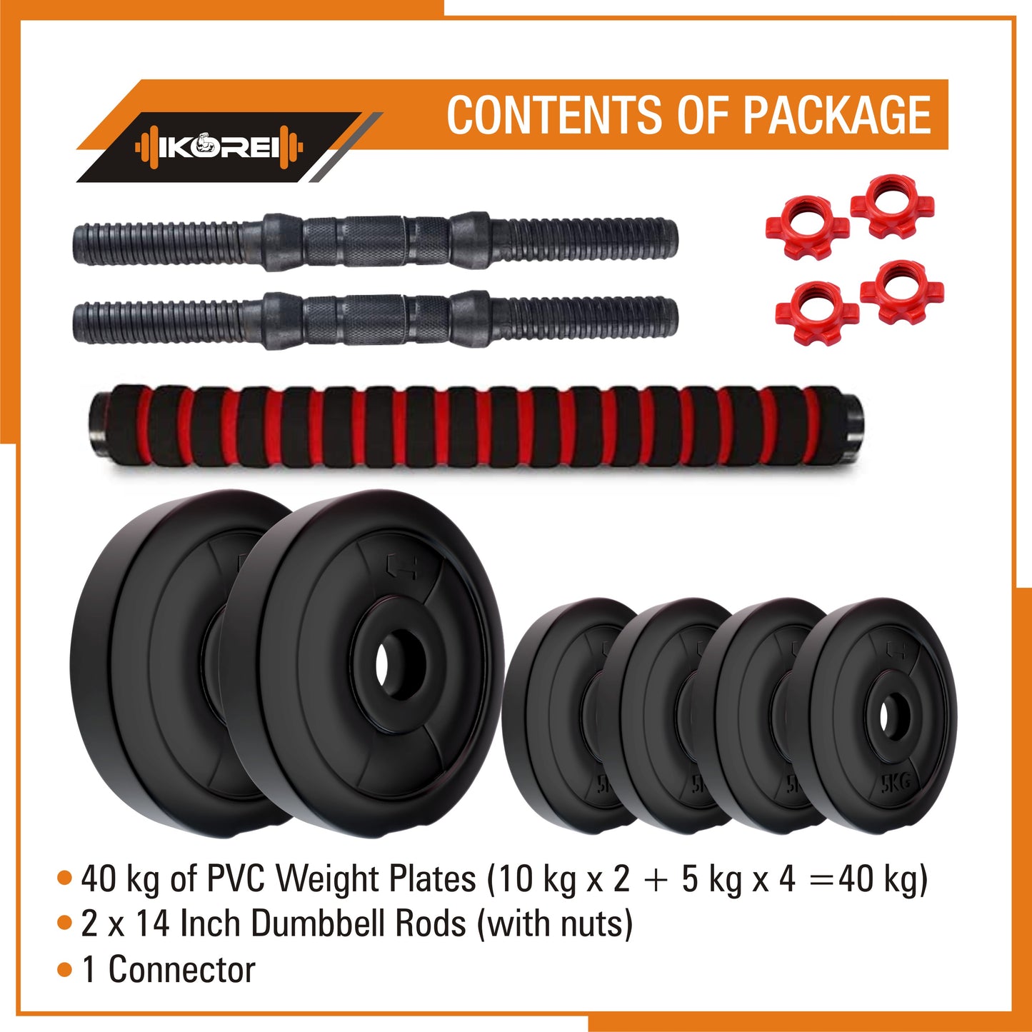 Kore PVC DM 4-40 Kg 3 IN 1 Convertible Dumbbells Set and Fitness Kit for Men and Women Whole Body Workout (PVC-DM-COMBO16-CON)