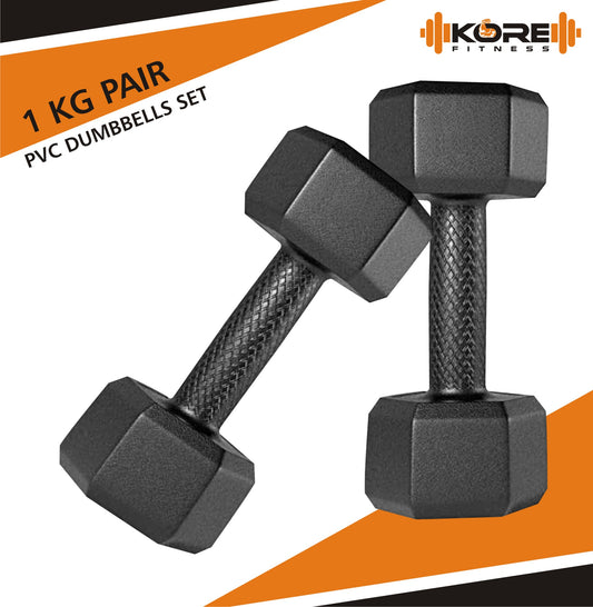 Kore PVC 1-5 Kg Dumbbells Set and Fitness Kit for Men and Women Whole Body Workout (Fixed, Black) (DM-PVC-COMBO16-BLACK)