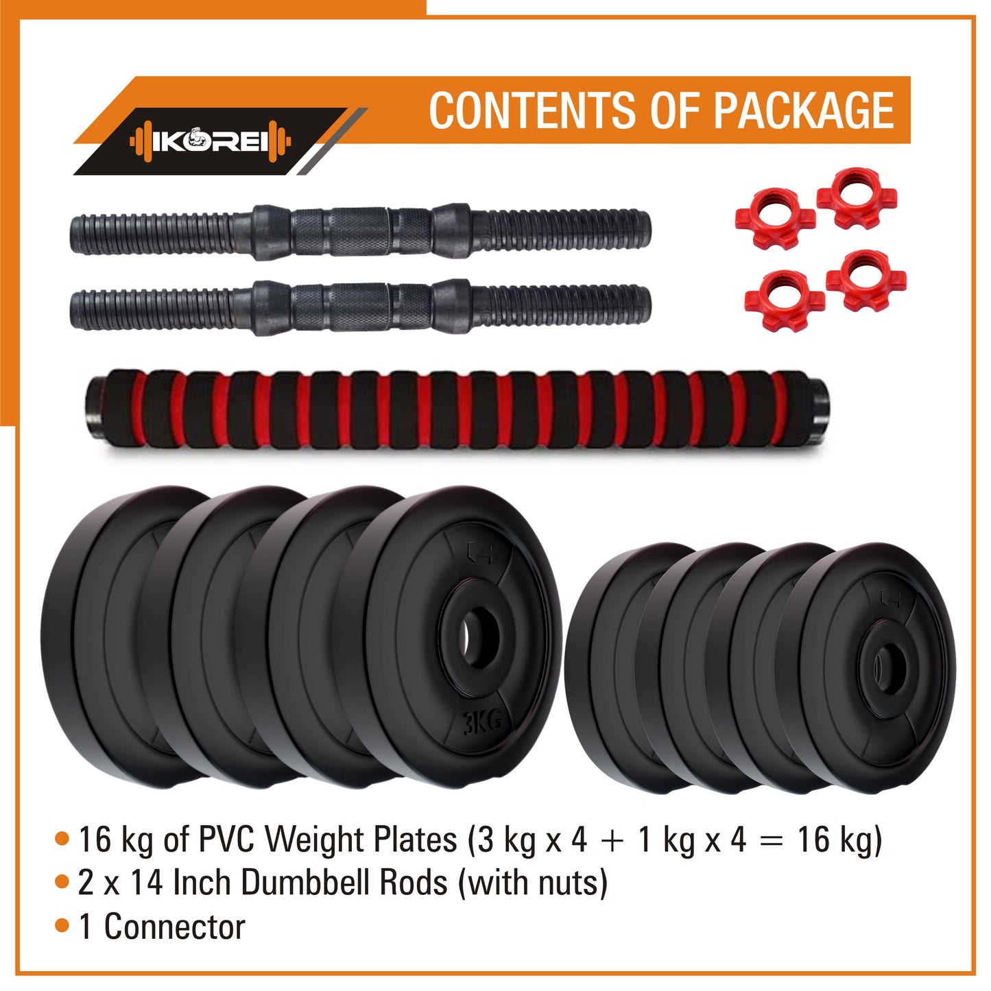 Kore PVC DM 4-40 Kg 3 IN 1 Convertible Dumbbells Set and Fitness Kit for Men and Women Whole Body Workout (PVC-DM-COMBO16-CON)