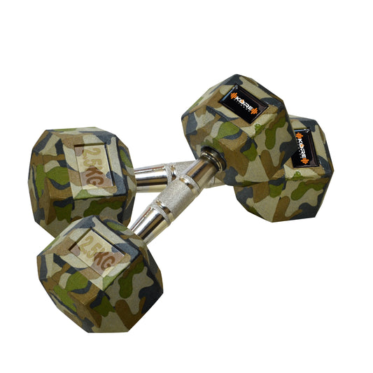 Kore Rubber Coated Professional 2.5-10 Kg (Set of Two) Hexa Fixed Dumbbells Home Gym Exercise Equipment for Men & Women, Camouflage (DM-HEXA-COMBO16-CAMO)