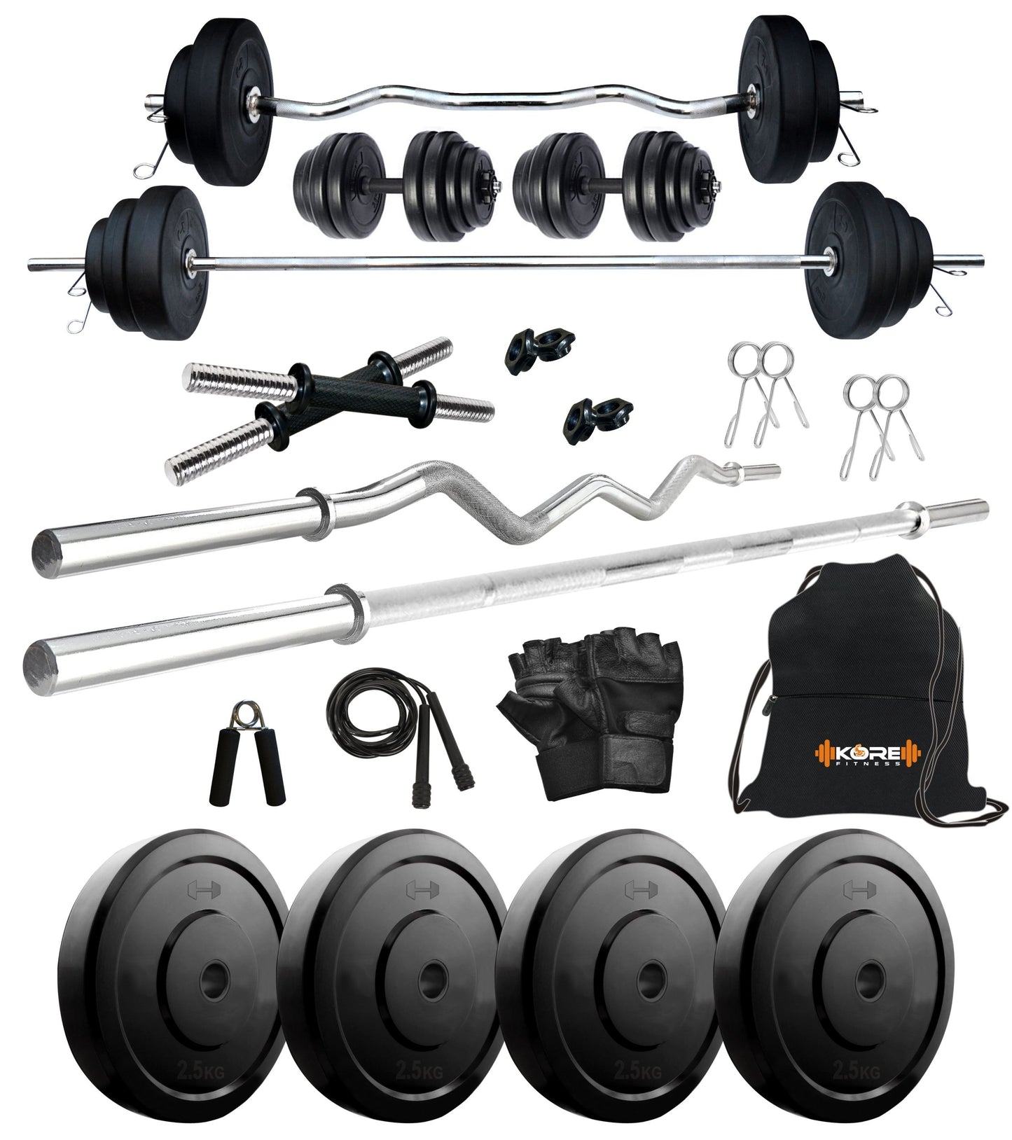 Kore 10-100 kg Home Gym Set with One 3 Ft Curl + 4 Ft Plain Rod and One Pair Dumbbell Rods with Gym Accessories (COMBO42)