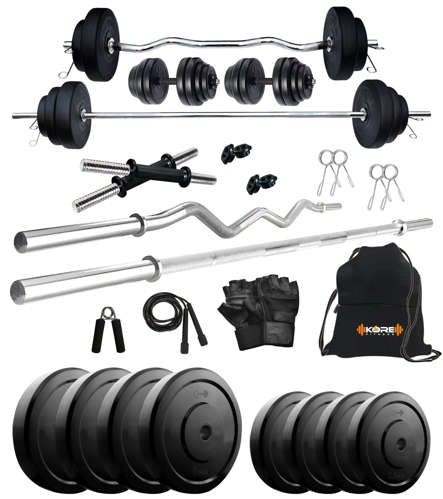 Kore 10-100 kg Home Gym Set with One 3 Ft Curl + 4 Ft Plain Rod and One Pair Dumbbell Rods with Gym Accessories (COMBO42)