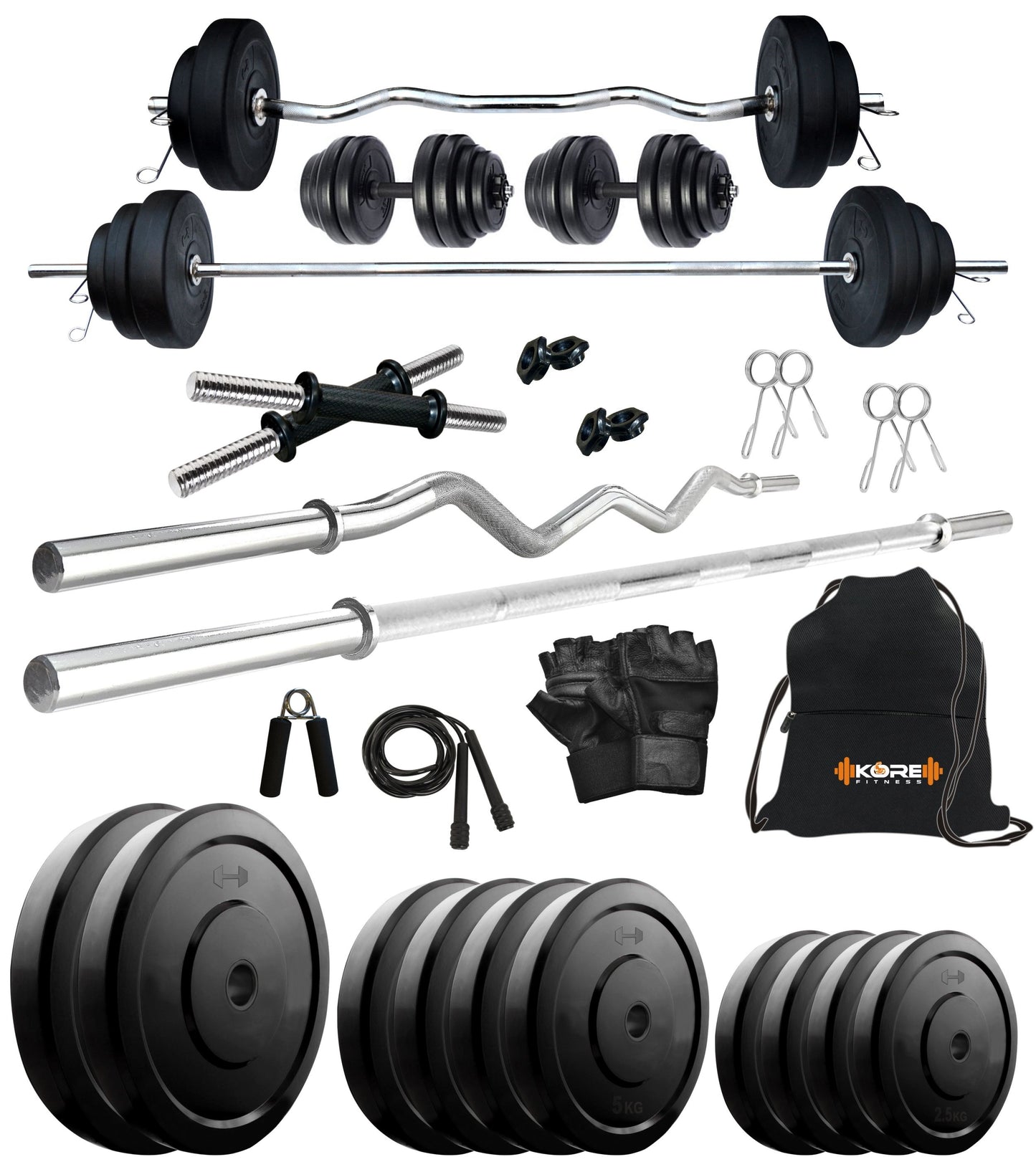 Kore 10-100 kg Home Gym Set with One 3 Ft Curl + 4 Ft Plain Rod and One Pair Dumbbell Rods with Gym Accessories (COMBO42)