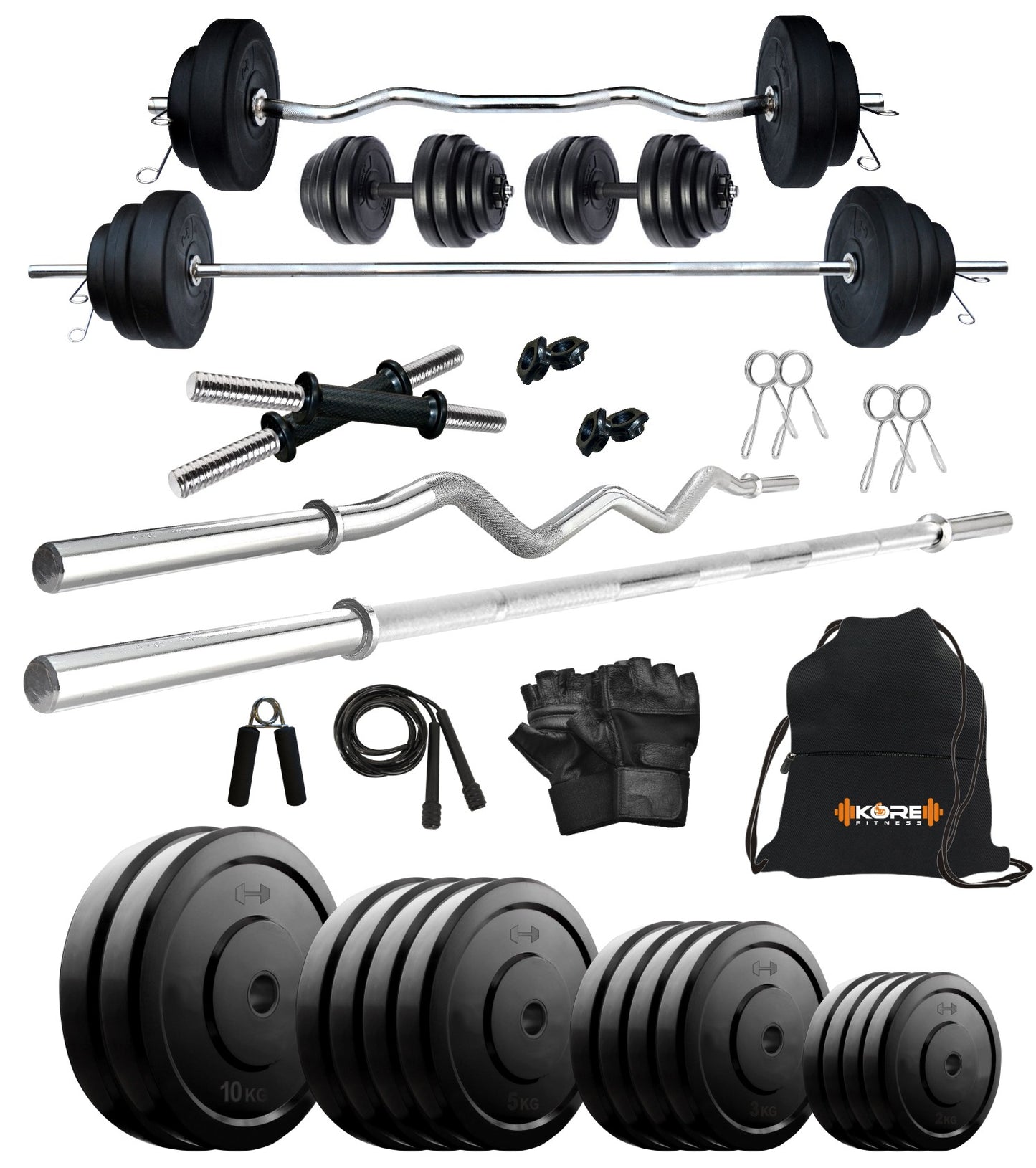 Kore 10-100 kg Home Gym Set with One 3 Ft Curl + 4 Ft Plain Rod and One Pair Dumbbell Rods with Gym Accessories (COMBO42)