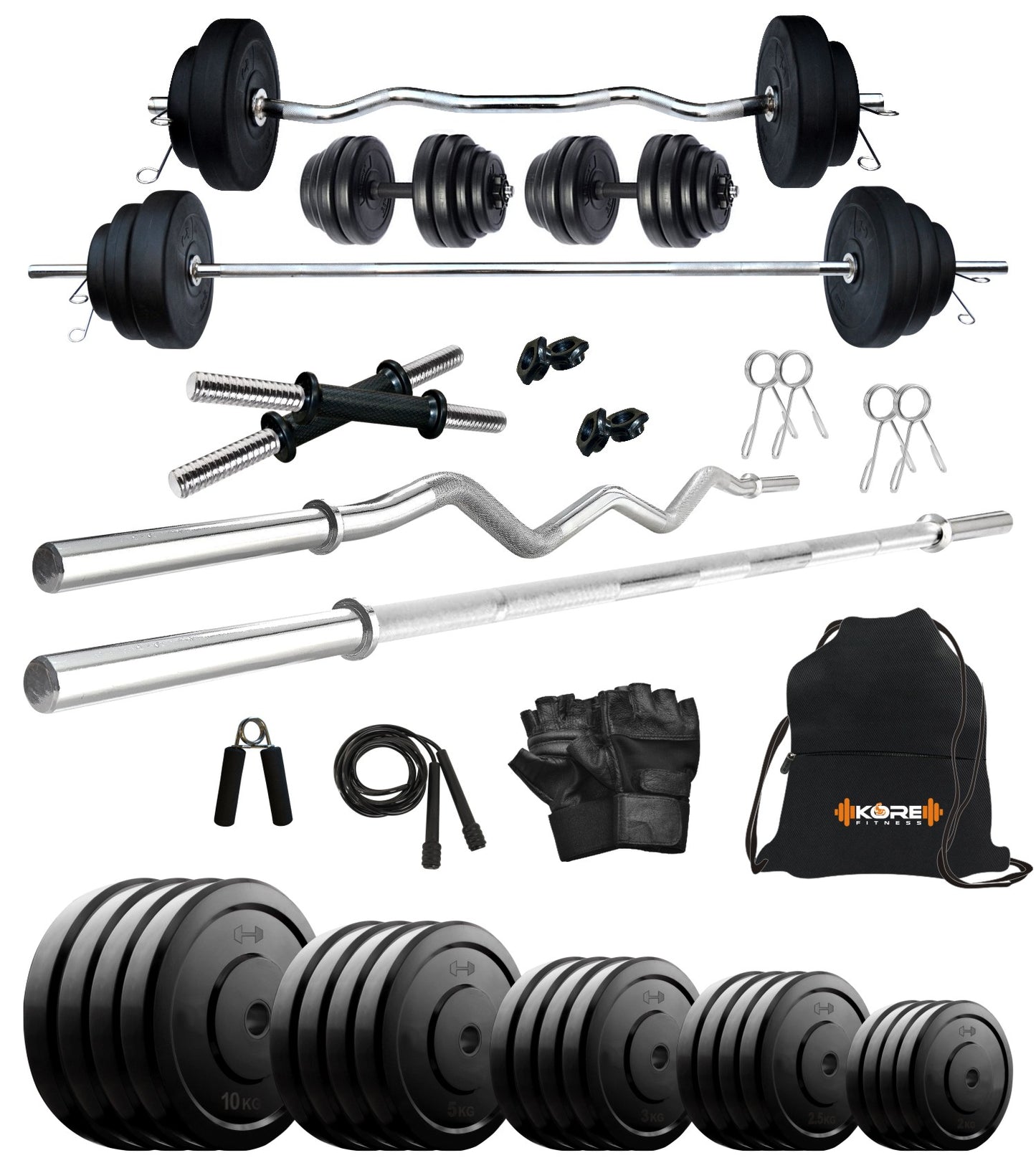 Kore 10-100 kg Home Gym Set with One 3 Ft Curl + 4 Ft Plain Rod and One Pair Dumbbell Rods with Gym Accessories (COMBO42)