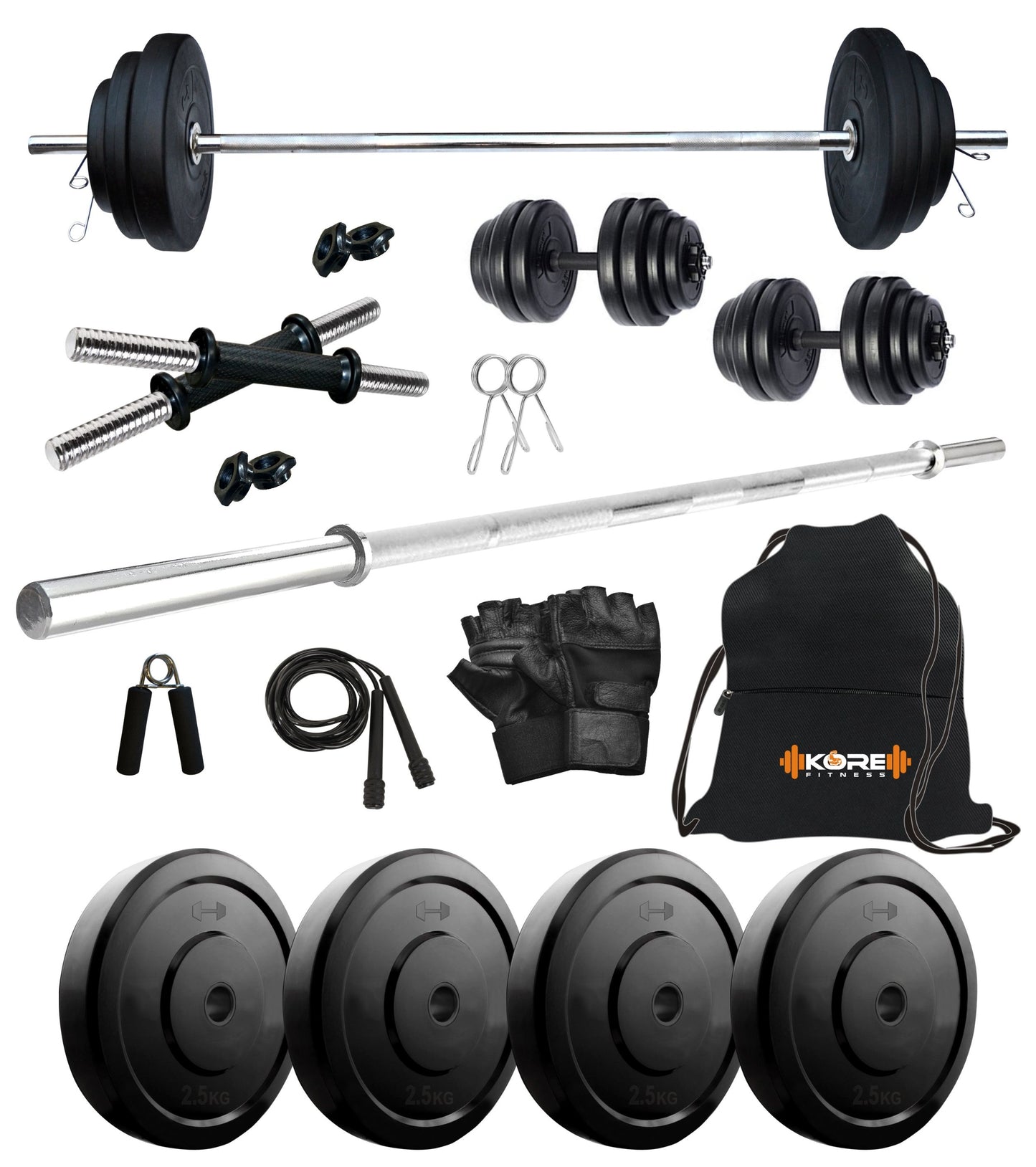 Kore 10-100 kg Home Gym Set with One 4 Ft Plain and One Pair Dumbbell Rods with Gym Accessories (COMBO9)