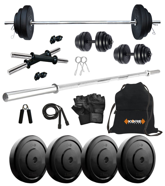 Kore 10-100 kg Home Gym Set with One 4 Ft Plain and One Pair Dumbbell Rods with Gym Accessories (COMBO9)