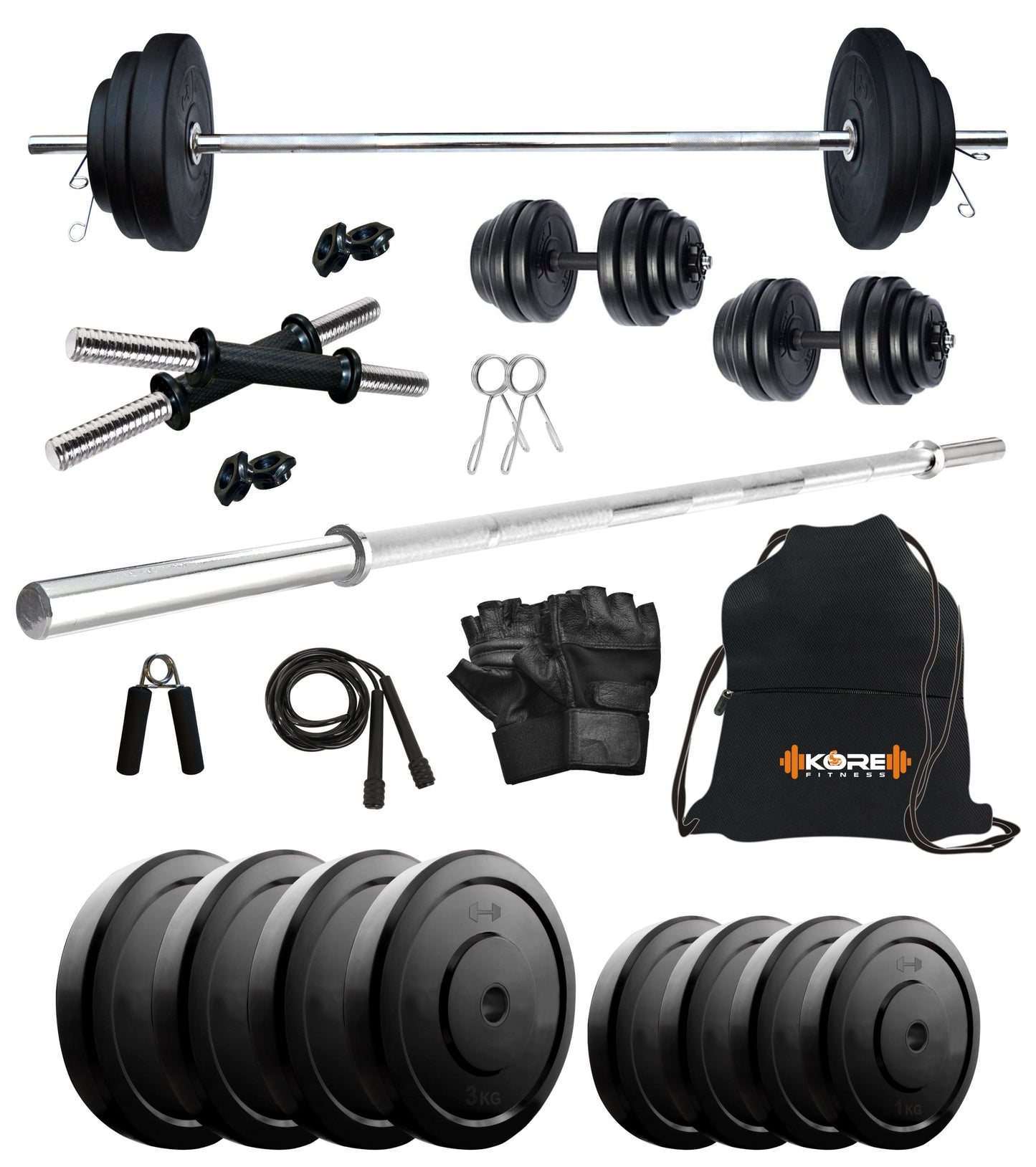 Kore 10-100 kg Home Gym Set with One 4 Ft Plain and One Pair Dumbbell Rods with Gym Accessories (COMBO9)