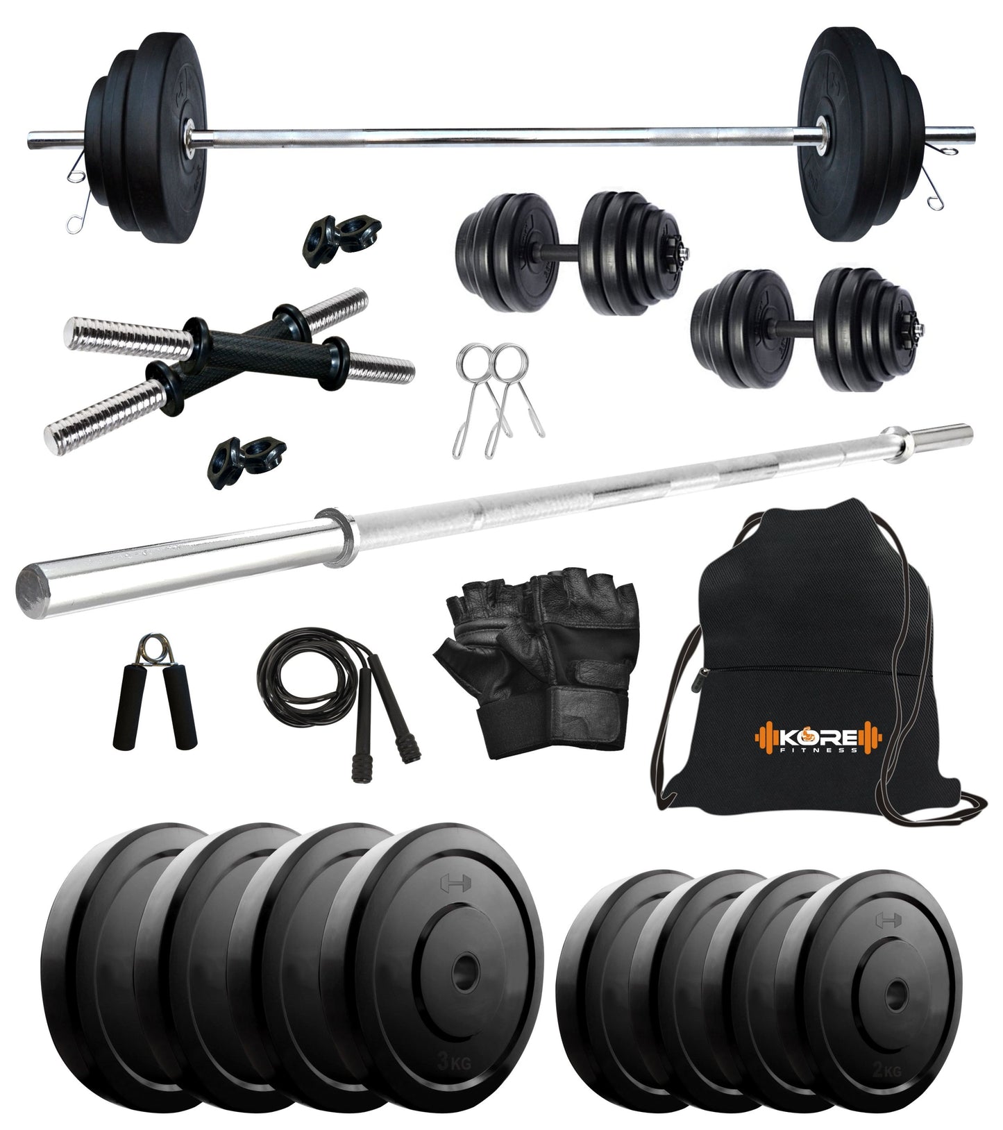 Kore 10-100 kg Home Gym Set with One 4 Ft Plain and One Pair Dumbbell Rods with Gym Accessories (COMBO9)