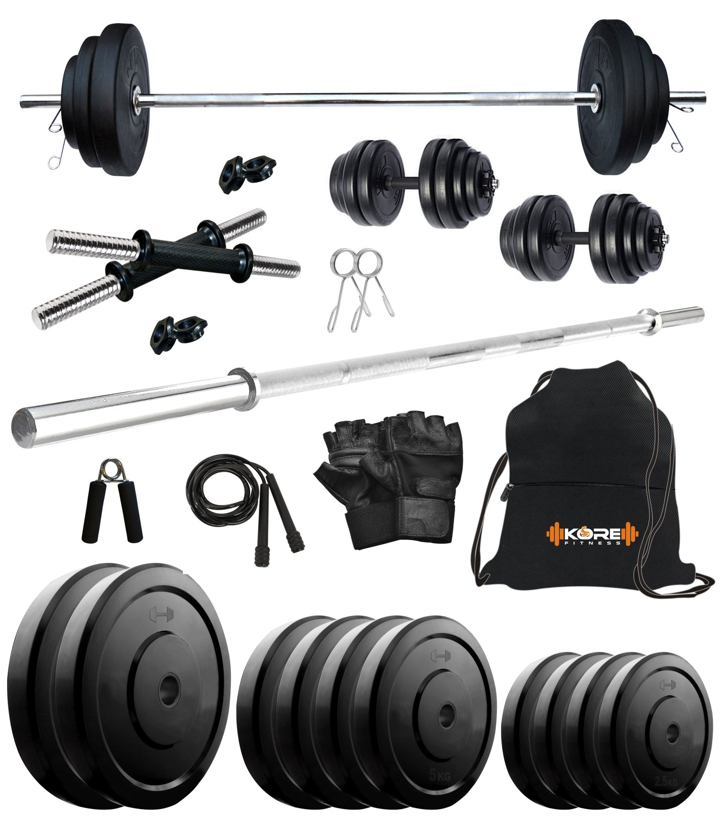 Kore 10-100 kg Home Gym Set with One 4 Ft Plain and One Pair Dumbbell Rods with Gym Accessories (COMBO9)