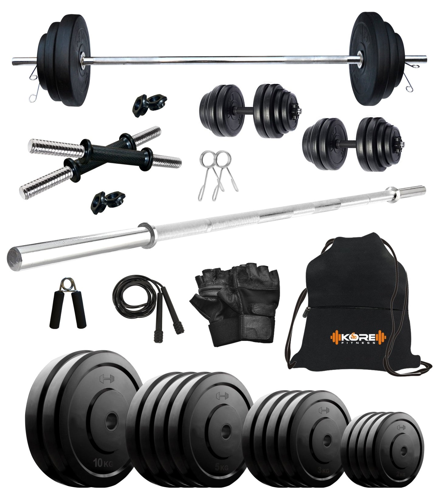 Kore 10-100 kg Home Gym Set with One 4 Ft Plain and One Pair Dumbbell Rods with Gym Accessories (COMBO9)