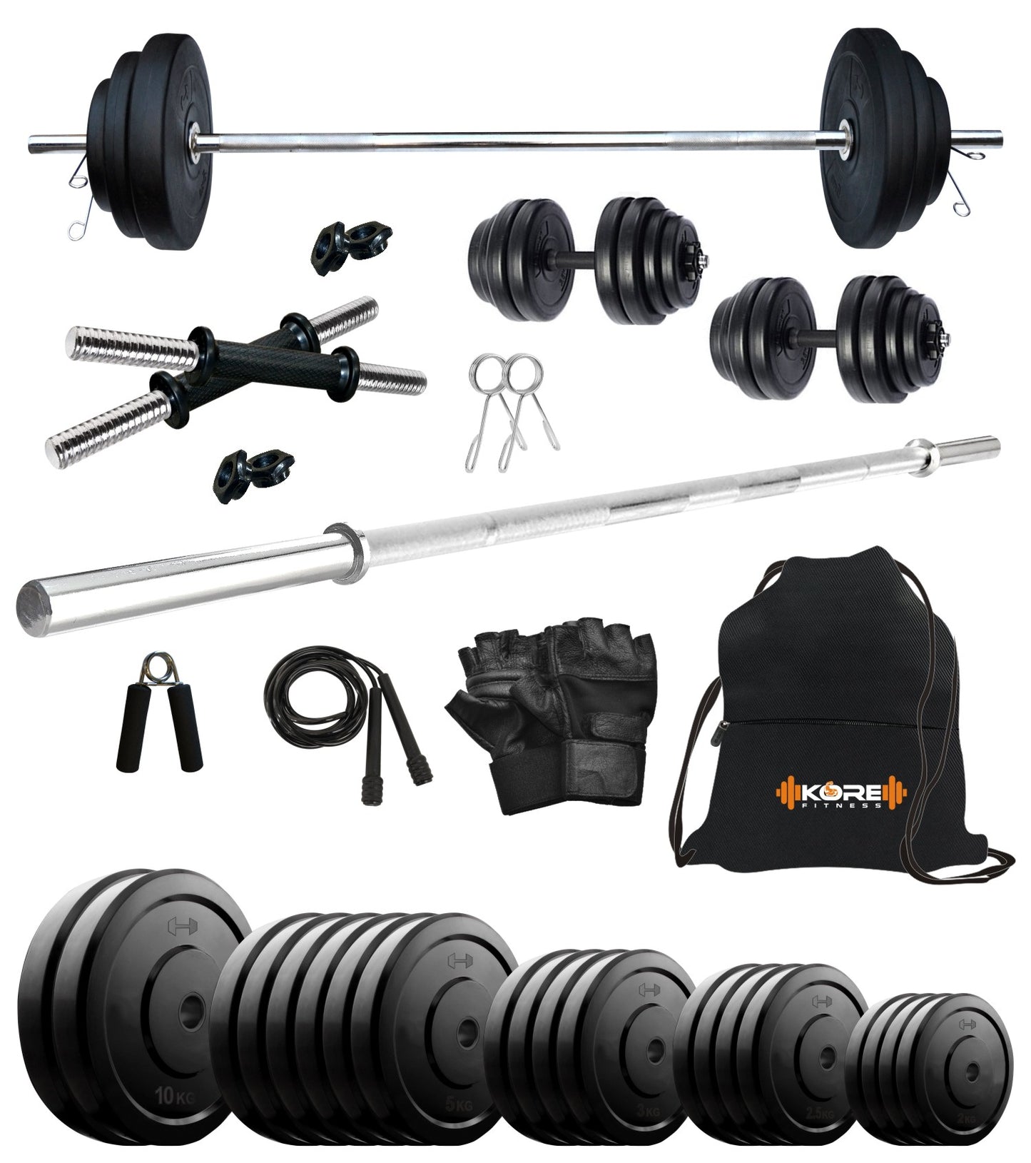 Kore 10-100 kg Home Gym Set with One 4 Ft Plain and One Pair Dumbbell Rods with Gym Accessories (COMBO9)