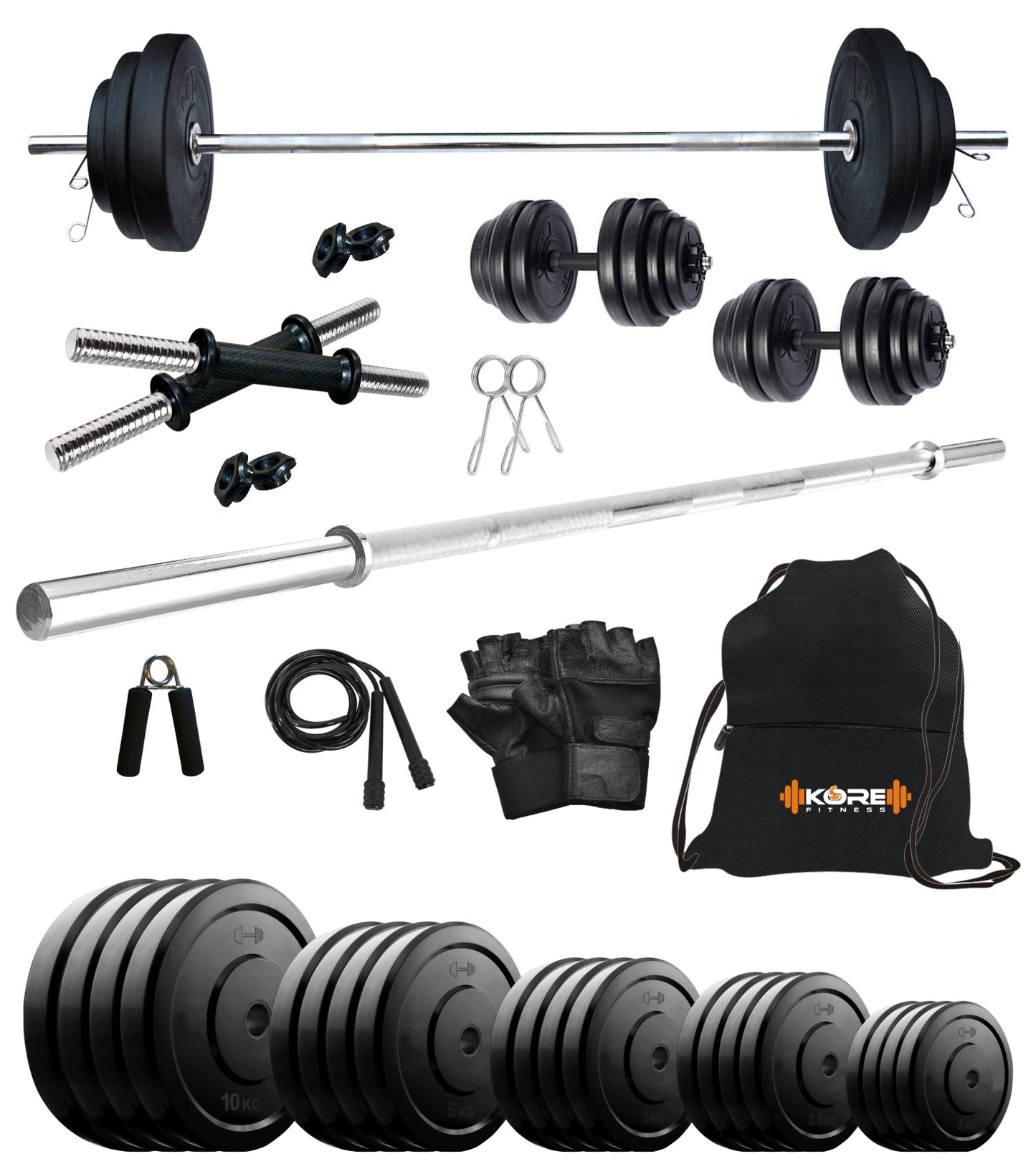 Kore 10-100 kg Home Gym Set with One 4 Ft Plain and One Pair Dumbbell Rods with Gym Accessories (COMBO9)