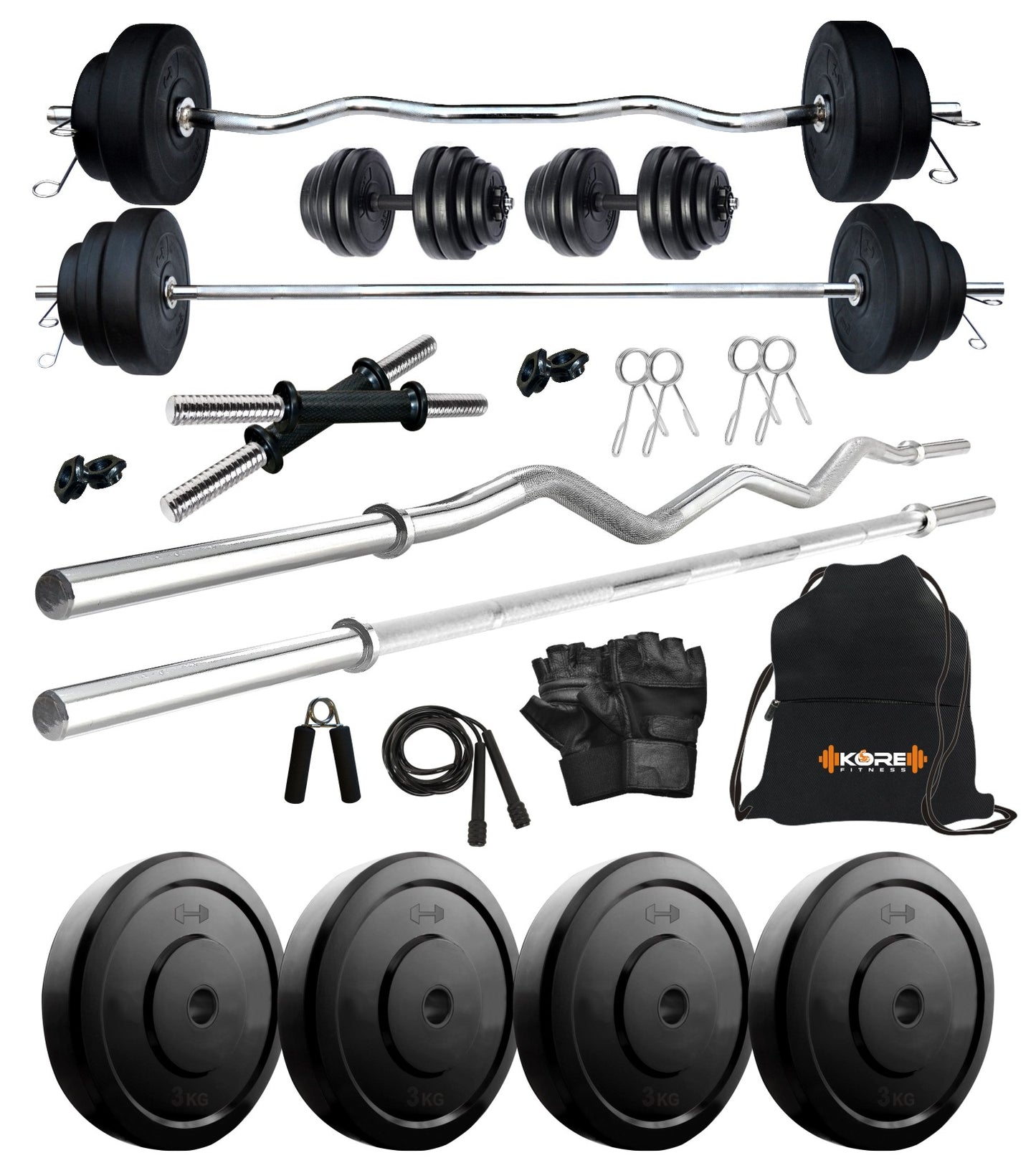 Kore 10-50 kg Home Gym Set with One 3 Ft Curl + 3 Ft Plain Rod and One Pair Dumbbell Rods with Gym Accessories (COMBO343)