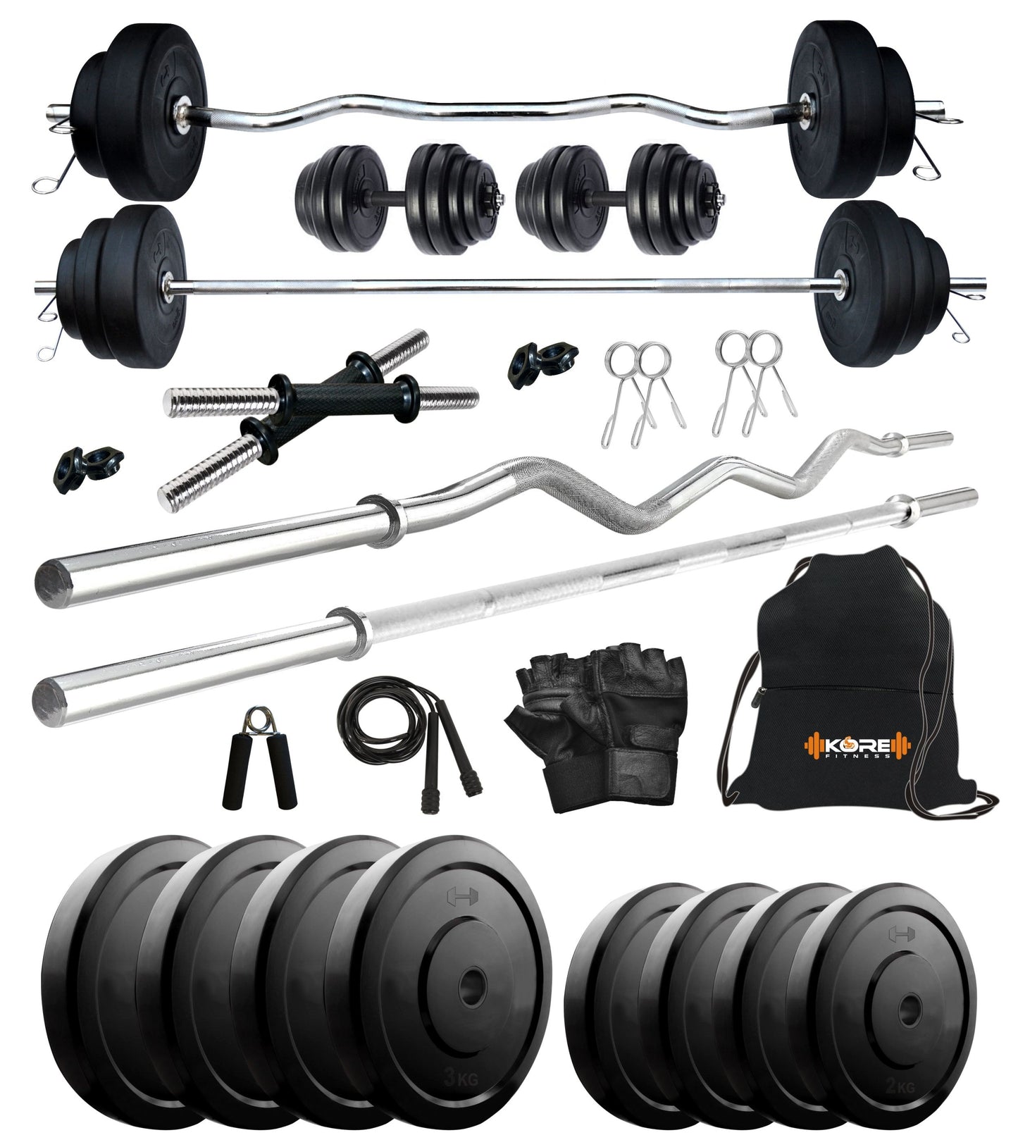Kore 10-50 kg Home Gym Set with One 3 Ft Curl + 3 Ft Plain Rod and One Pair Dumbbell Rods with Gym Accessories (COMBO343)
