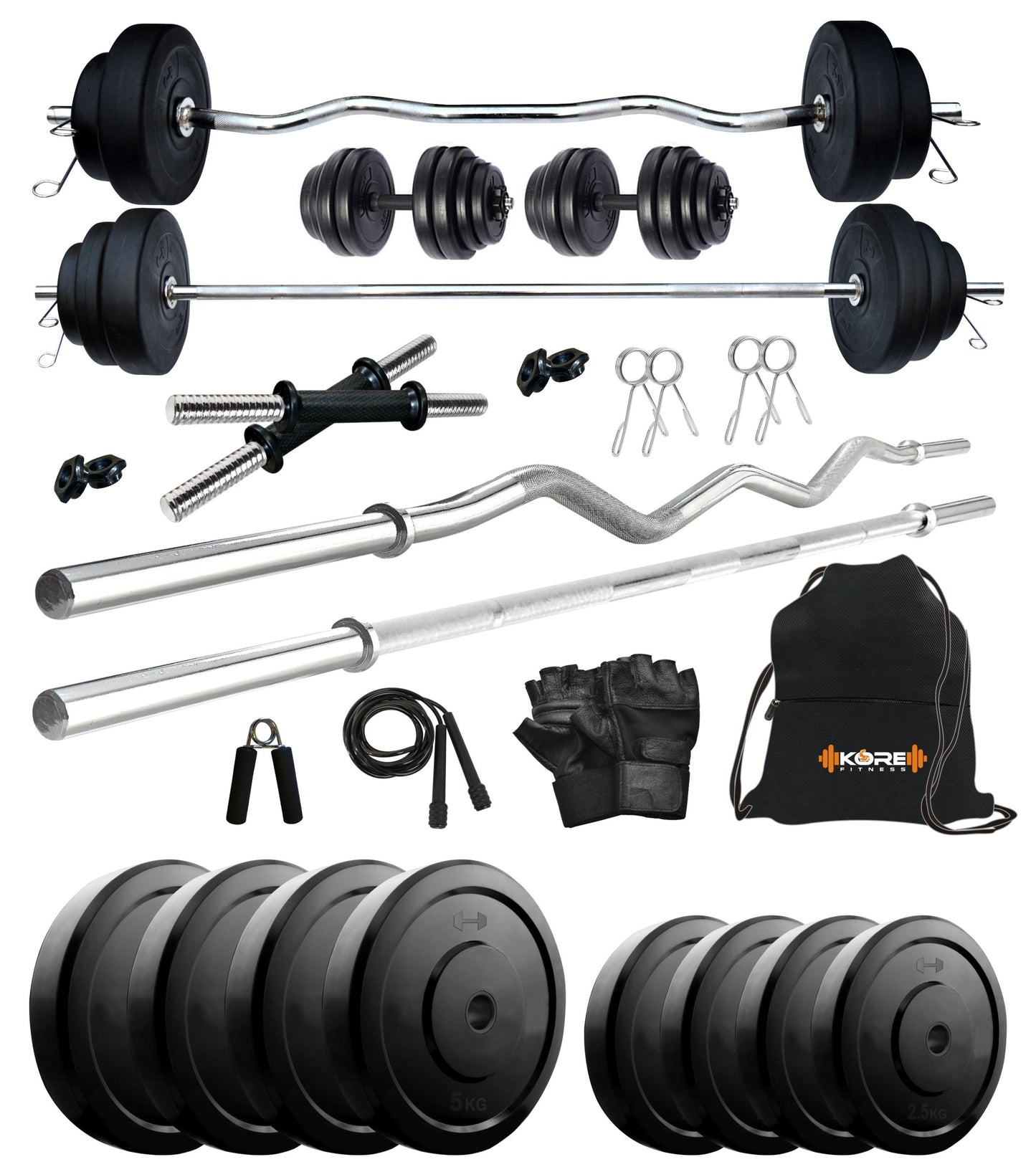 Kore 10-50 kg Home Gym Set with One 3 Ft Curl + 3 Ft Plain Rod and One Pair Dumbbell Rods with Gym Accessories (COMBO343)