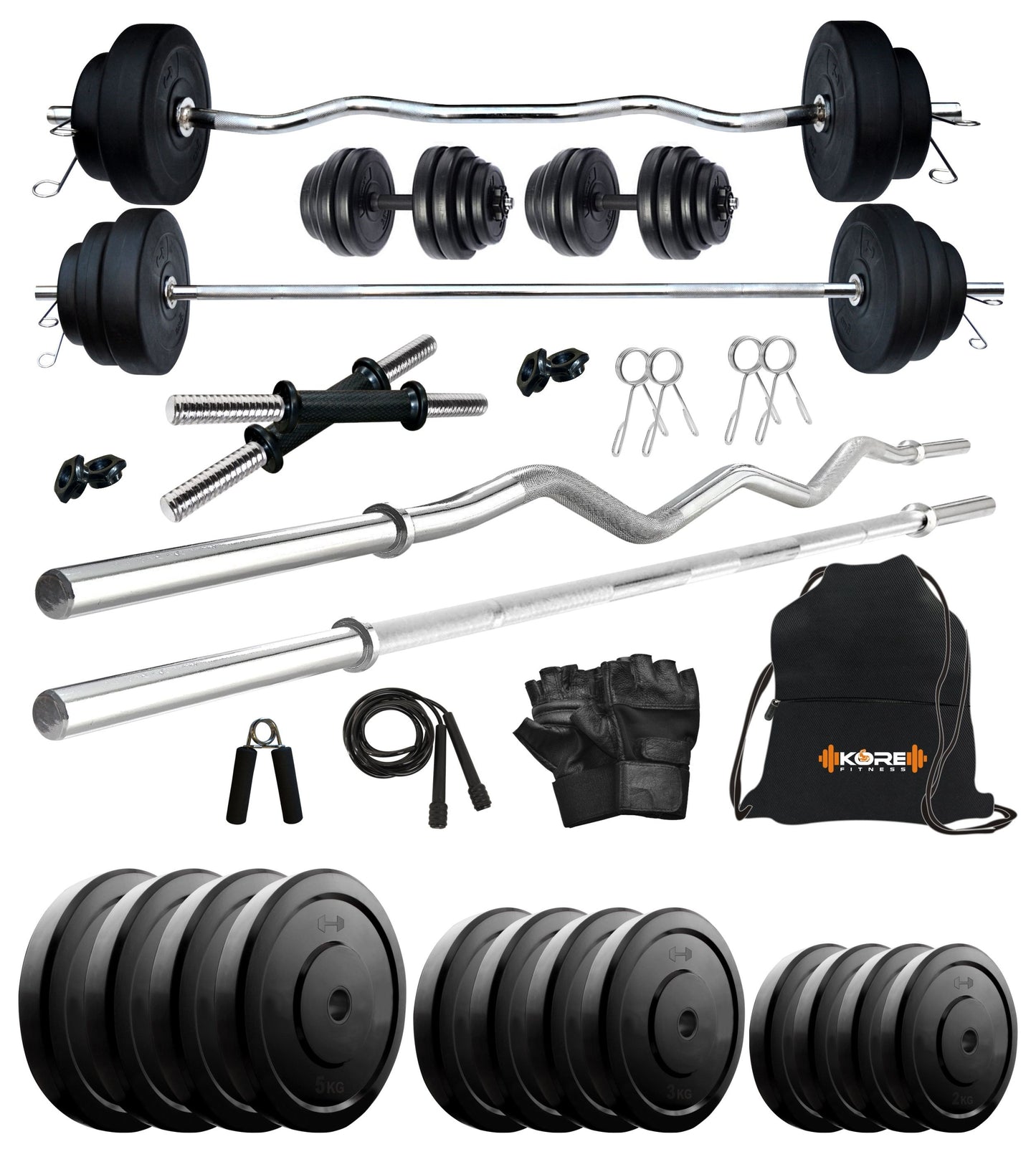 Kore 10-50 kg Home Gym Set with One 3 Ft Curl + 3 Ft Plain Rod and One Pair Dumbbell Rods with Gym Accessories (COMBO343)