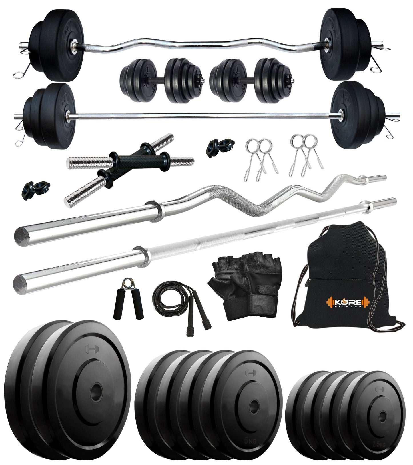 Kore 10-50 kg Home Gym Set with One 3 Ft Curl + 3 Ft Plain Rod and One Pair Dumbbell Rods with Gym Accessories (COMBO343)