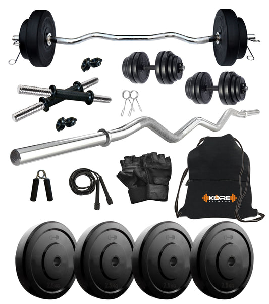 Kore 10-50 kg Home Gym Set with One 3 Ft Curl and One Pair Dumbbell Rods with Gym Accessories (COMBO3)