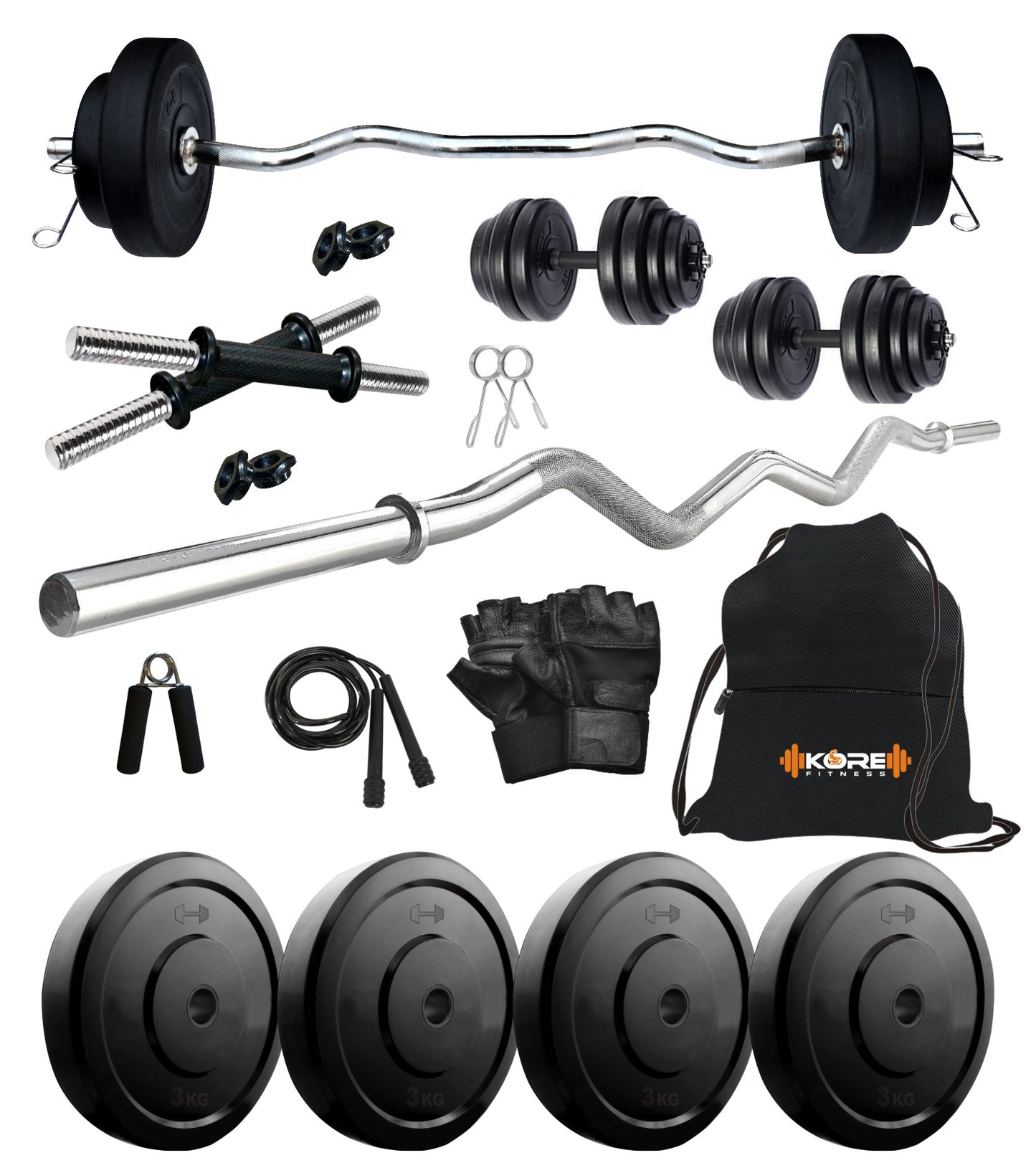 Kore 10-50 kg Home Gym Set with One 3 Ft Curl and One Pair Dumbbell Rods with Gym Accessories (COMBO3)