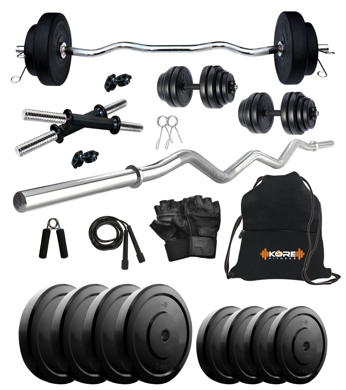 Kore 10-50 kg Home Gym Set with One 3 Ft Curl and One Pair Dumbbell Rods with Gym Accessories (COMBO3)