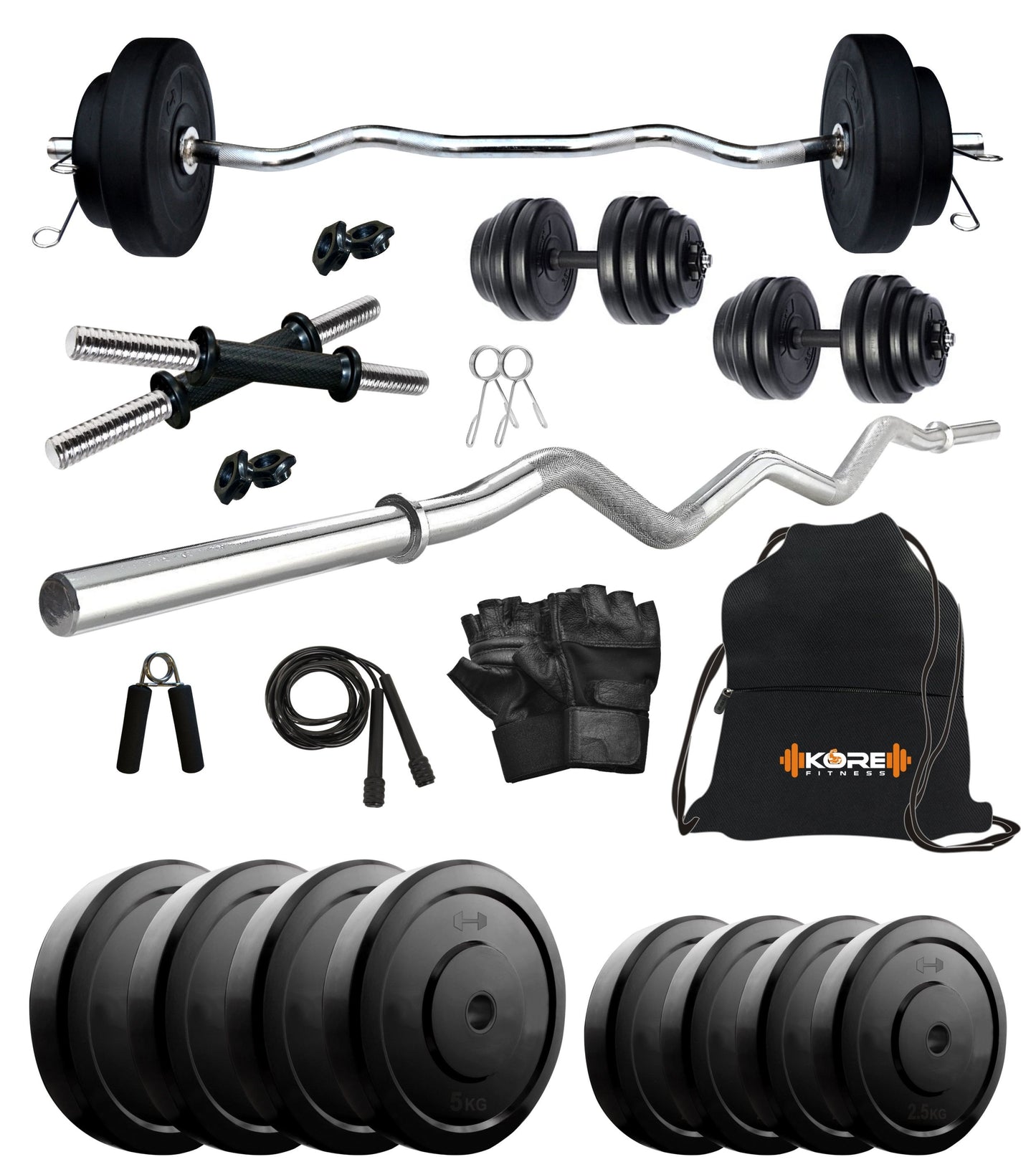 Kore 10-50 kg Home Gym Set with One 3 Ft Curl and One Pair Dumbbell Rods with Gym Accessories (COMBO3)