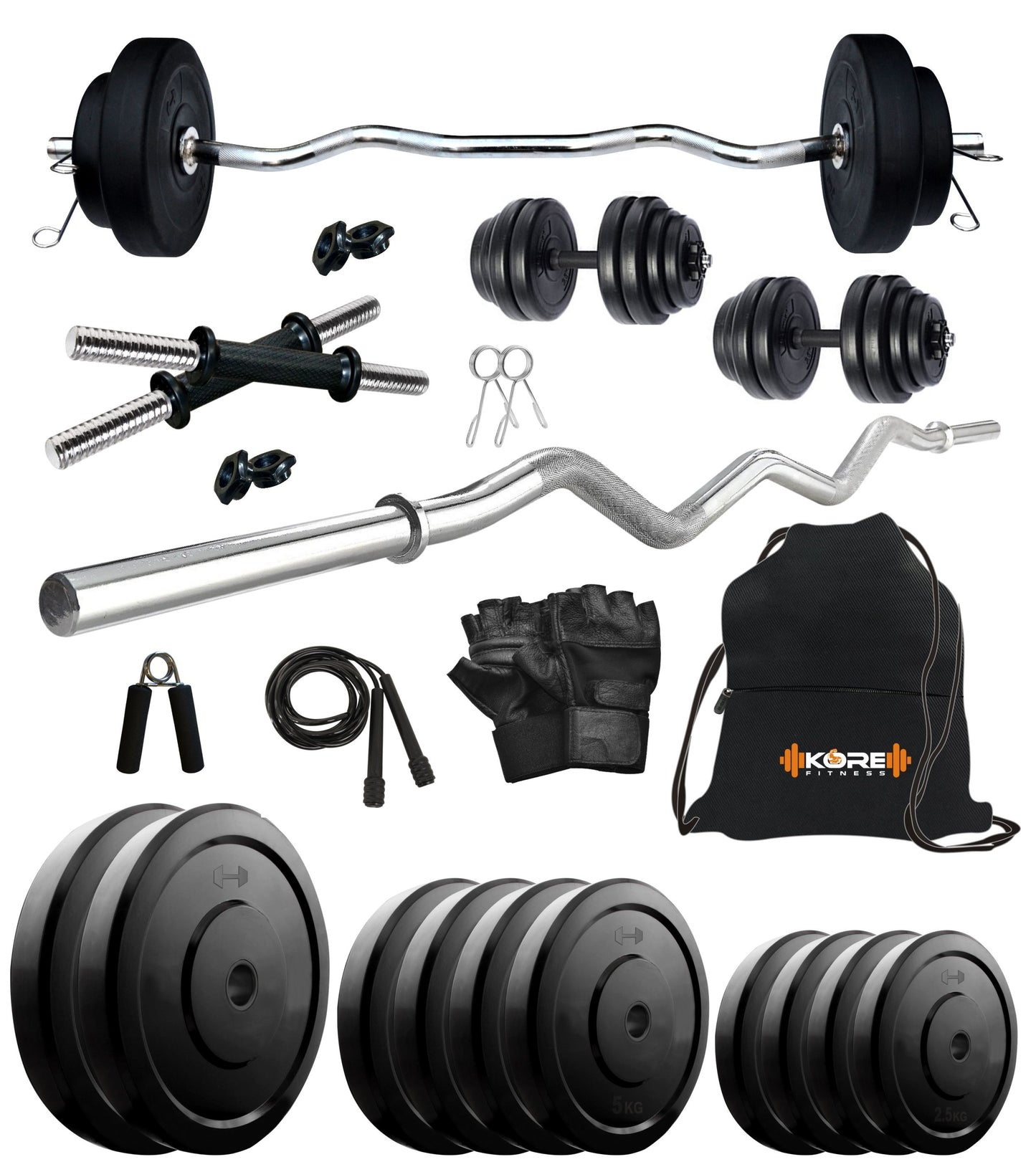 Kore 10-50 kg Home Gym Set with One 3 Ft Curl and One Pair Dumbbell Rods with Gym Accessories (COMBO3)