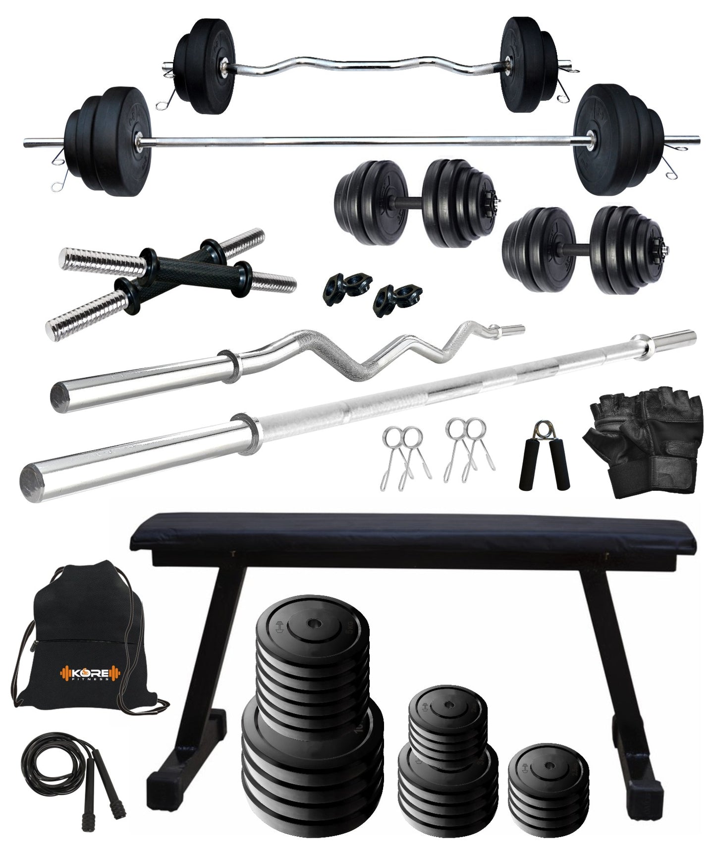 Kore 20-100 kg One 3 Ft Curl + 5 Ft Plain Rod and One Pair Dm Rods with Flat Bench and Gym Accessories (COMBO7)